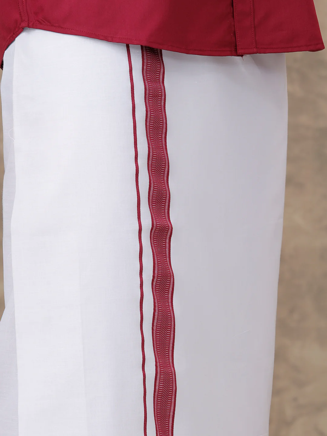 Men Dark Burgundy Shirt With Matching Border Dhoti Set Trendy - Image 4
