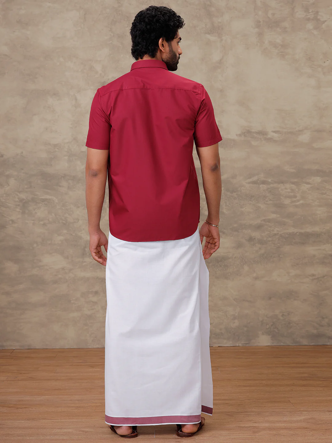 Men Dark Burgundy Shirt With Matching Border Dhoti Set Trendy - Image 5