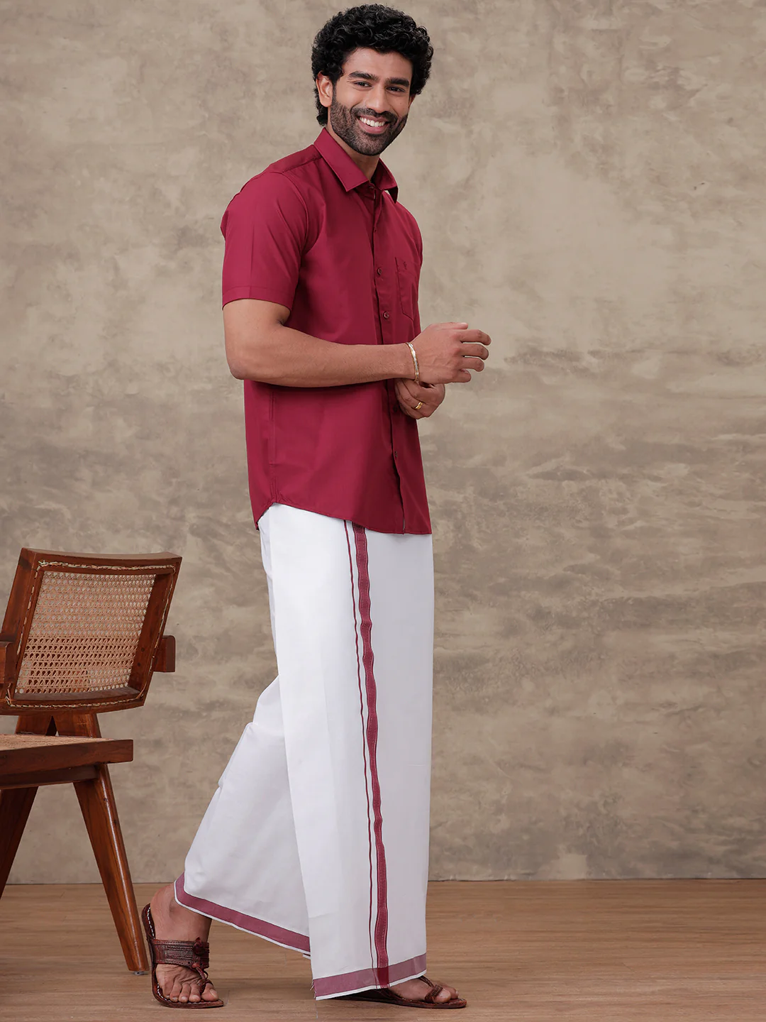 Men Dark Burgundy Shirt With Matching Border Dhoti Set Trendy - Image 6