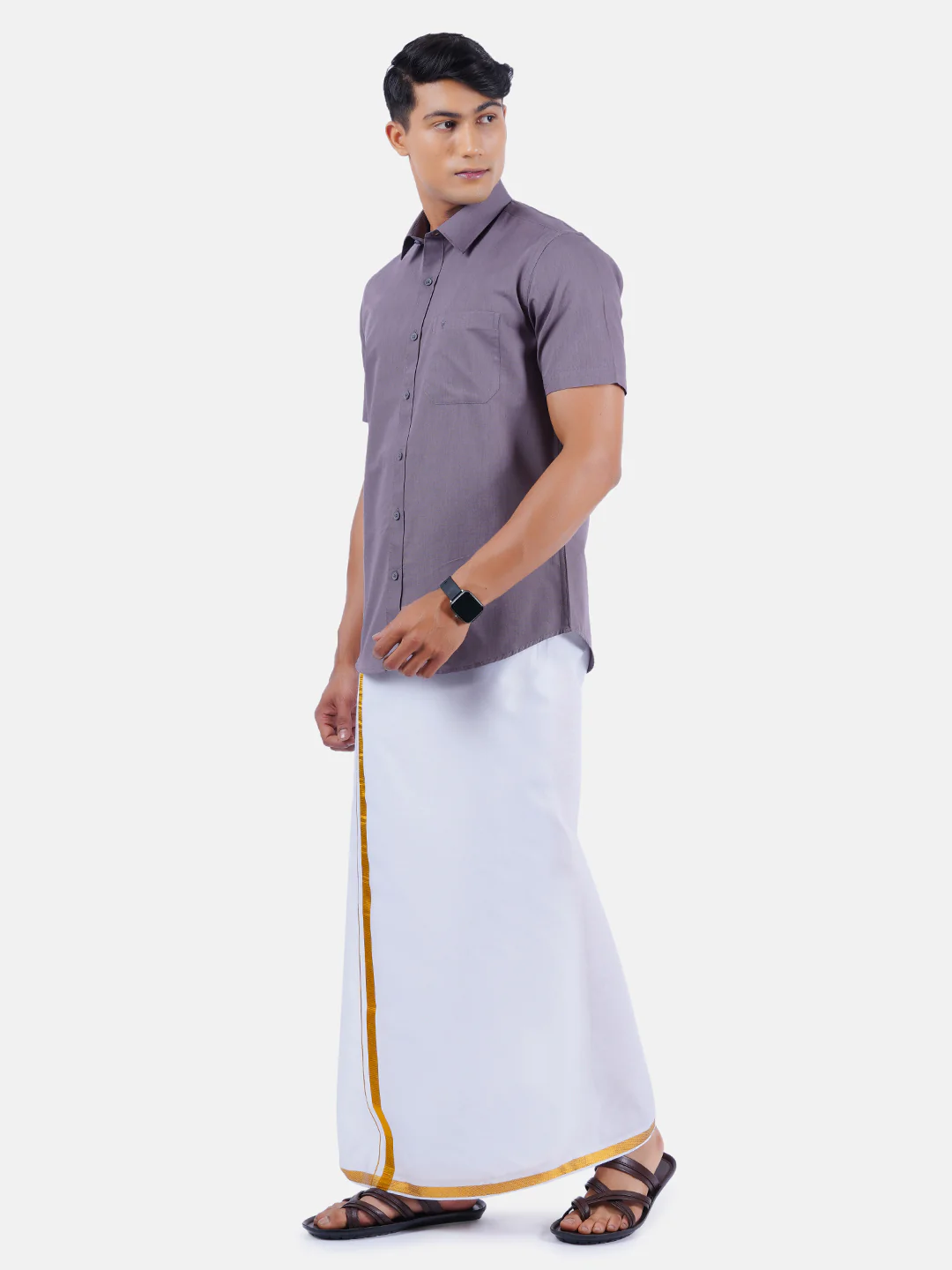 Men Dark Grey Half Sleeves Shirt with 1/2" Inch Gold Jari Border Single Layer Dhoti Combo - Image 2