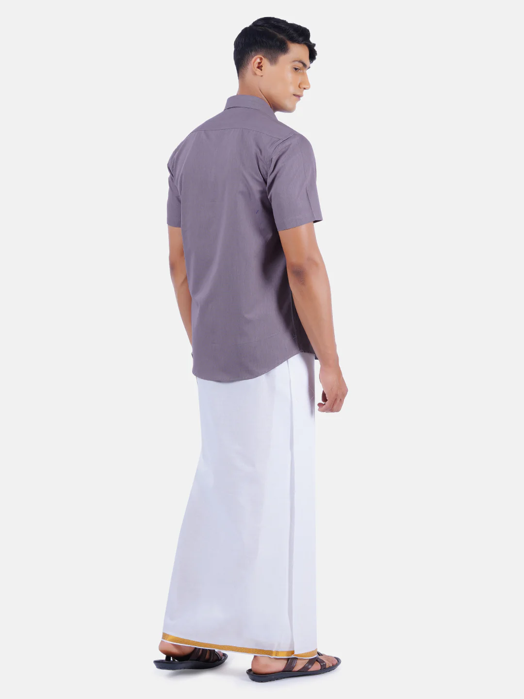 Men Dark Grey Half Sleeves Shirt with 1/2" Inch Gold Jari Border Single Layer Dhoti Combo - Image 3