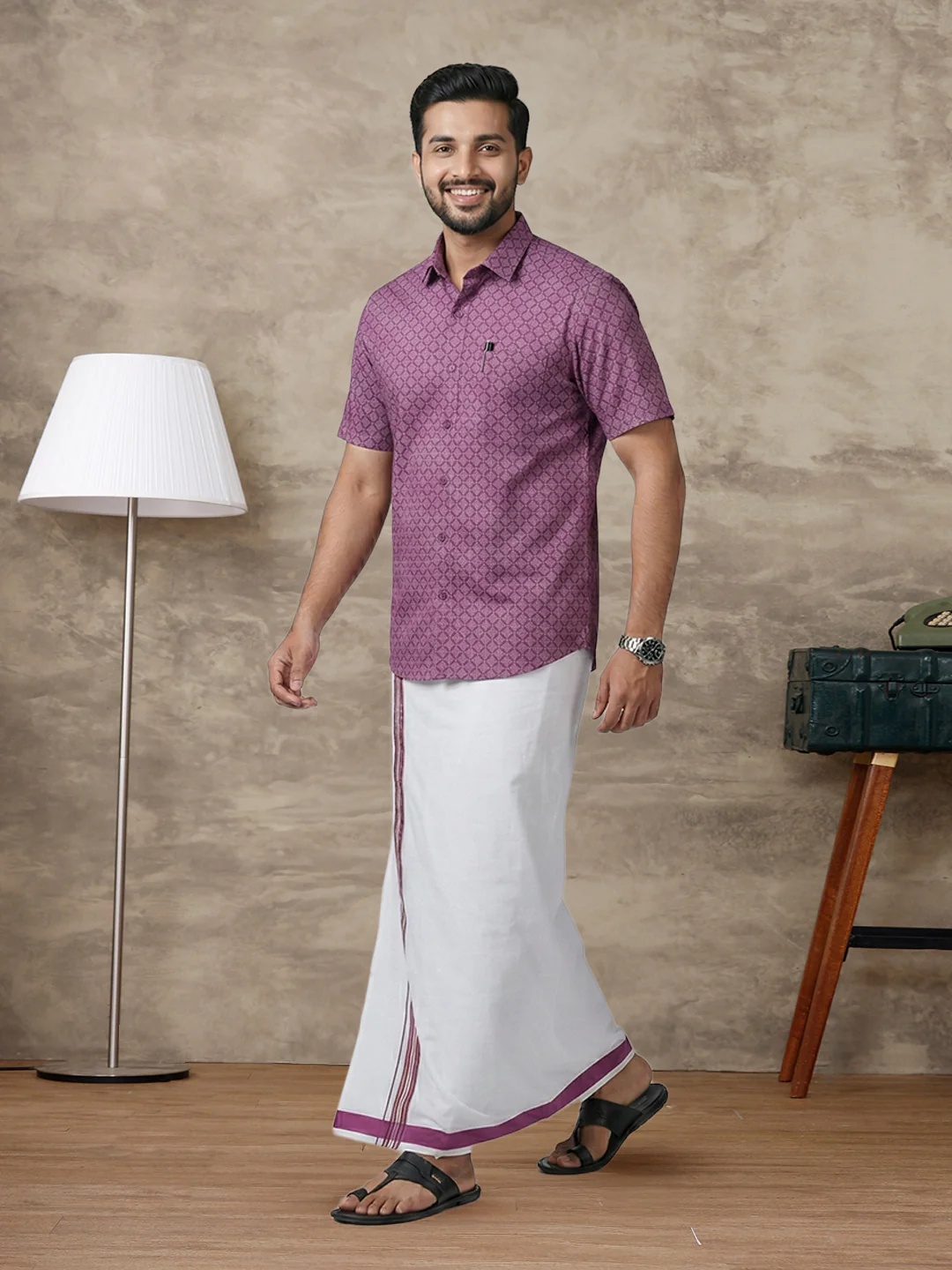 Men Dark Megenta Matching Border Dhoti With Printed Shirt Set Fusion PS28 - Image 2