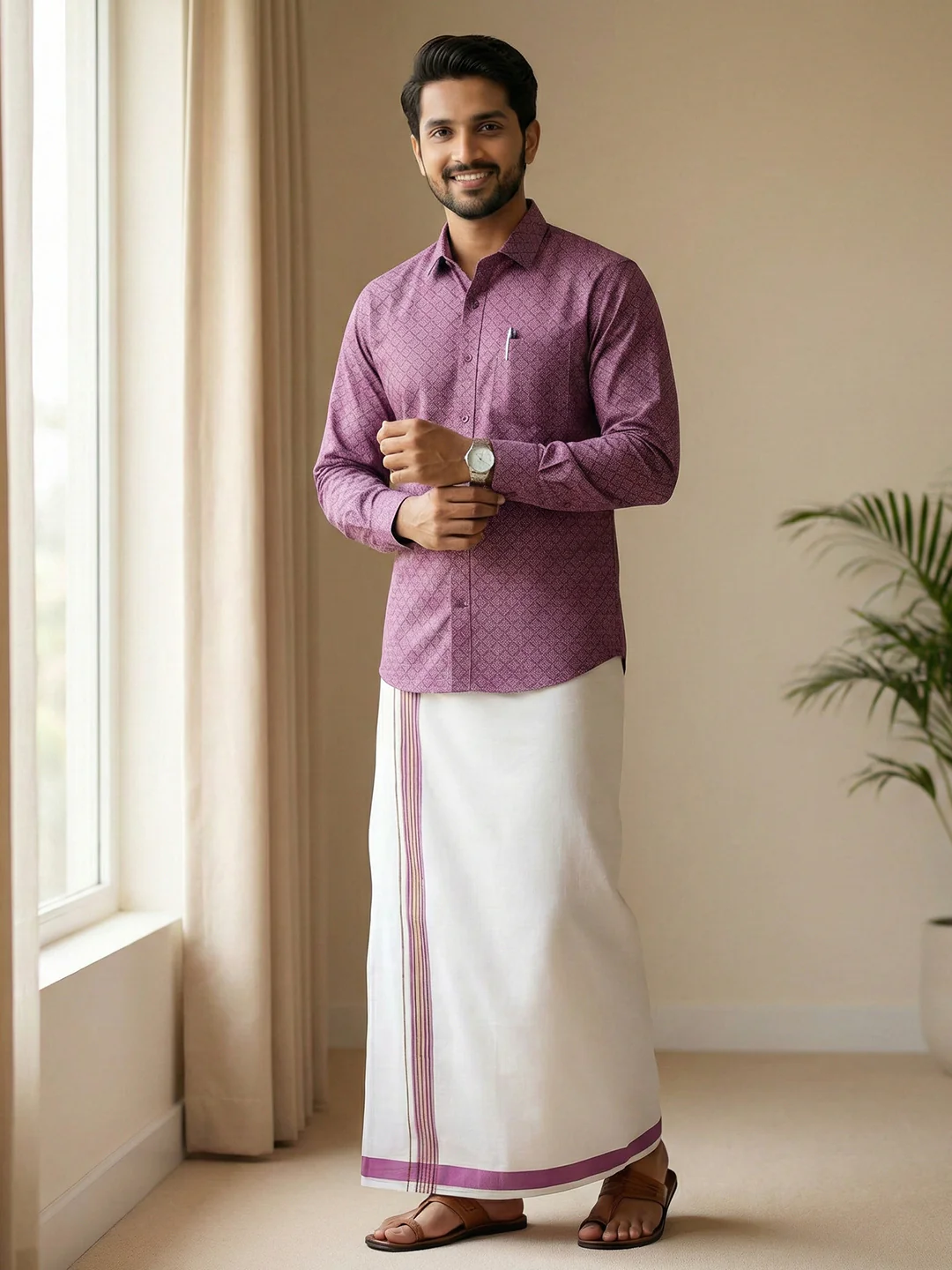 Men Dark Megenta Matching Border Dhoti With Printed Shirt Set Fusion PS28 - Image 3