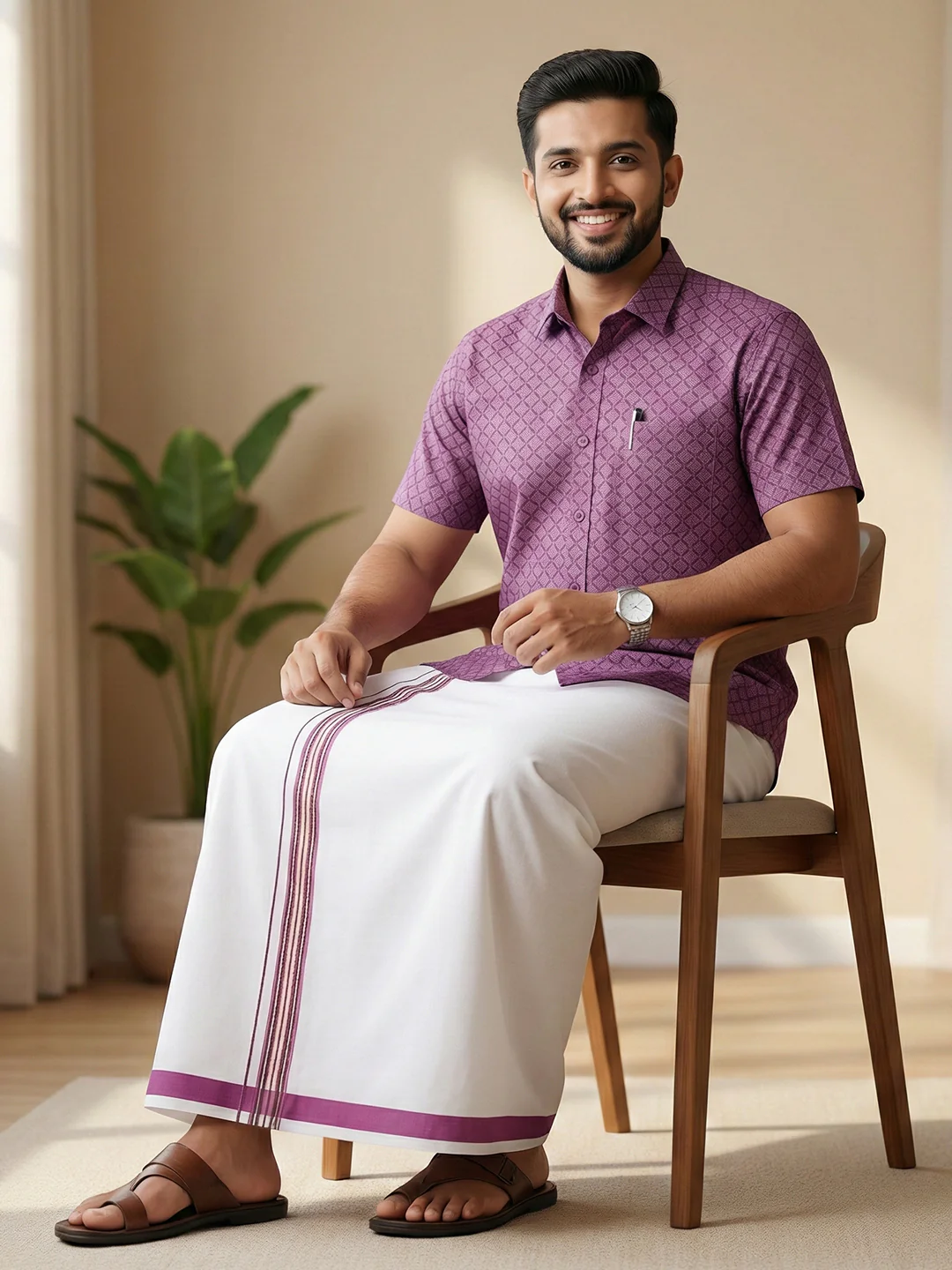 Men Dark Megenta Matching Border Dhoti With Printed Shirt Set Fusion PS28 - Image 6