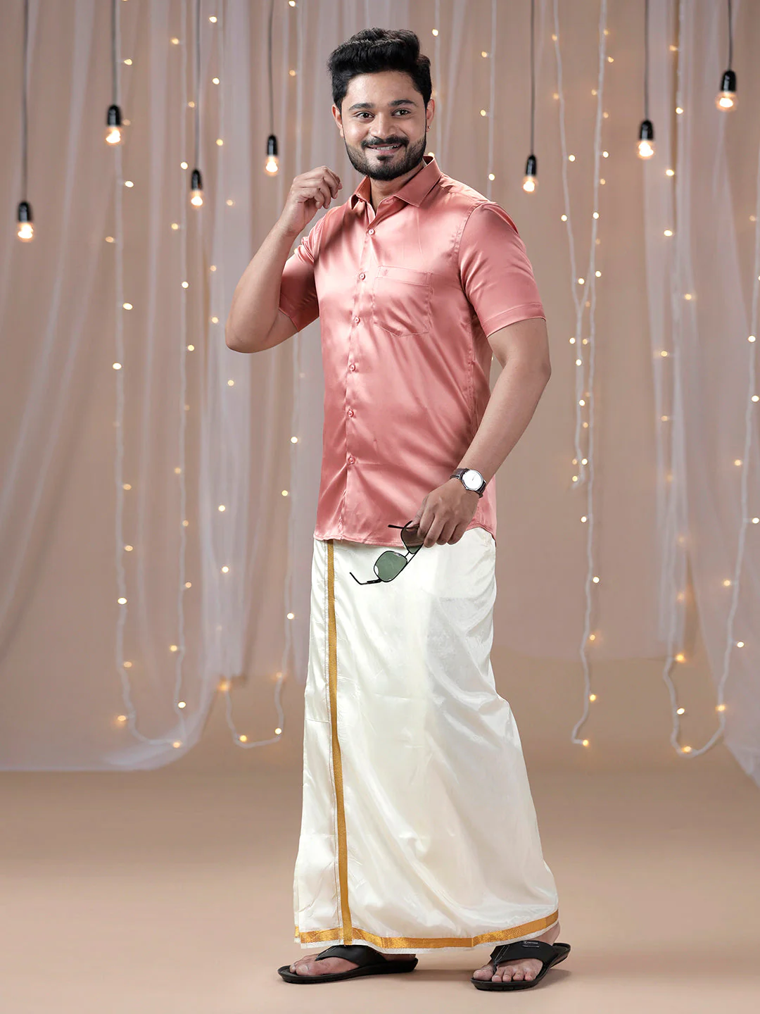 Men Dark Peach Half Sleeves Shirt with Art Silk Double Layer Dhoti Combo PS3 - Image 2