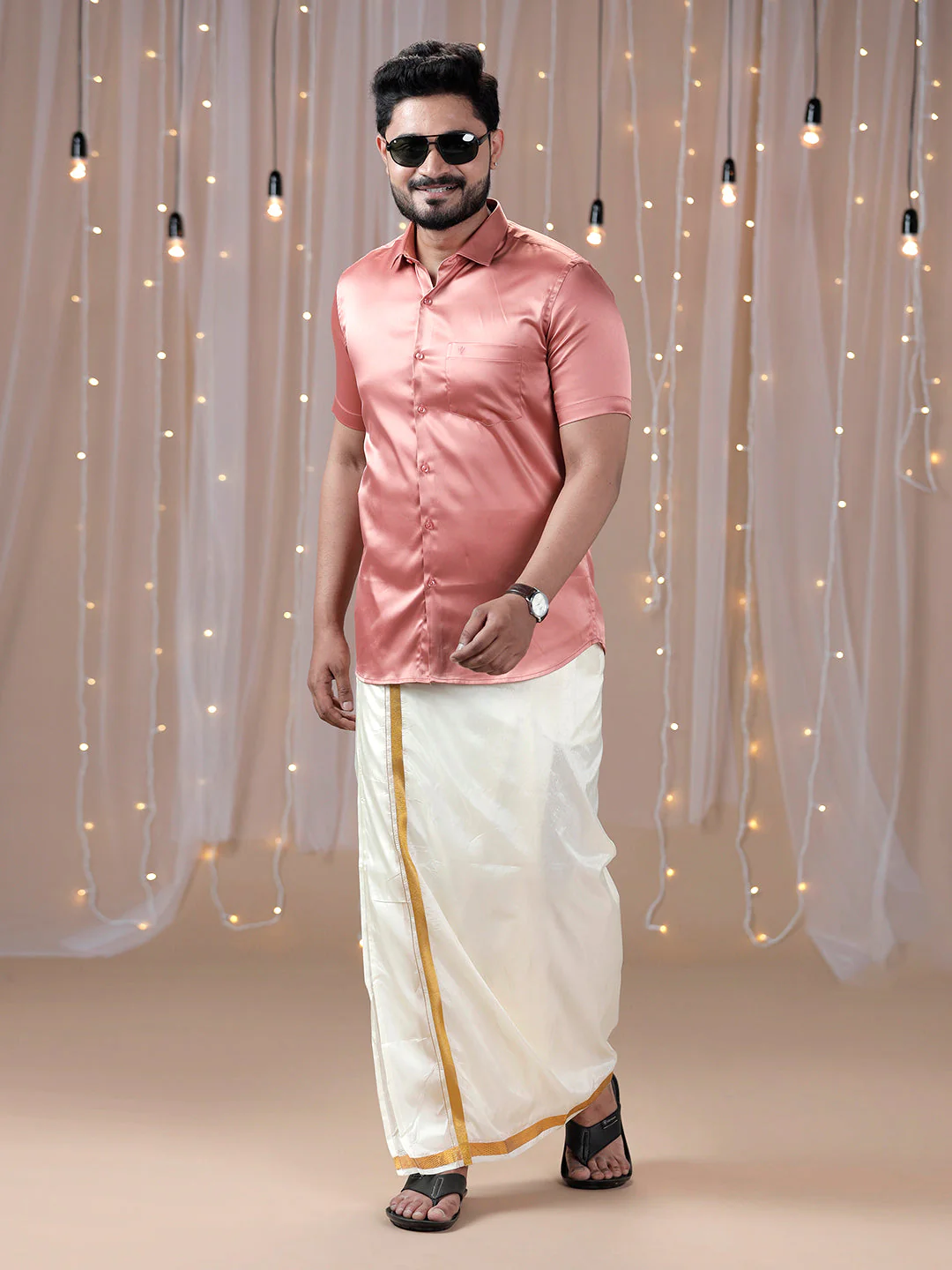Men Dark Peach Half Sleeves Shirt with Art Silk Double Layer Dhoti Combo PS3 - Image 3
