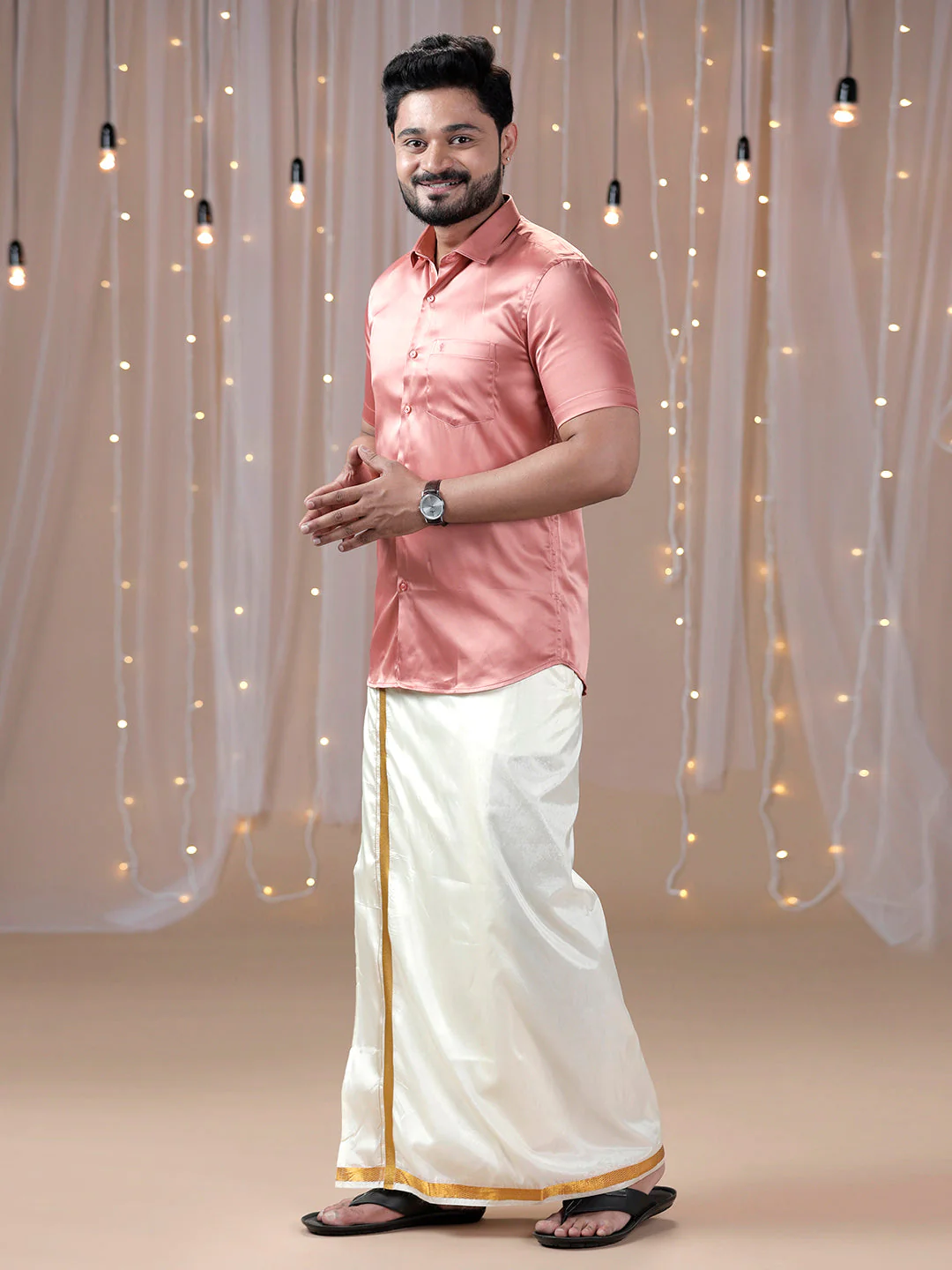Men Dark Peach Half Sleeves Shirt with Art Silk Double Layer Dhoti Combo PS3 - Image 4