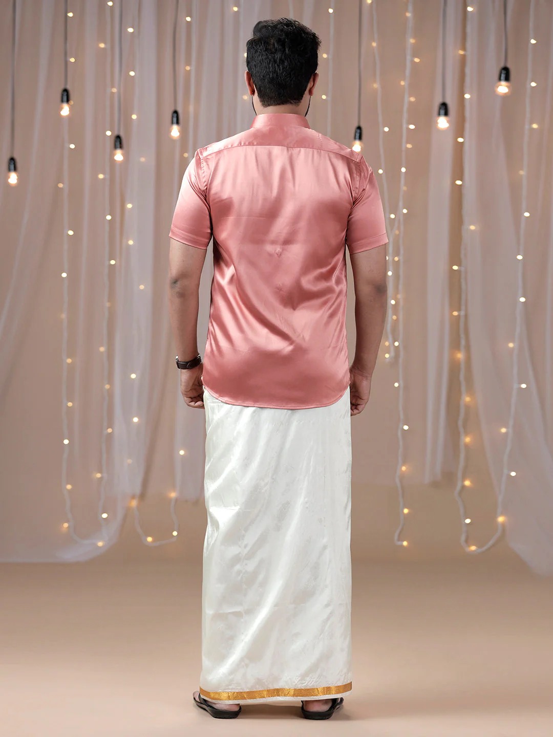 Men Dark Peach Half Sleeves Shirt with Art Silk Double Layer Dhoti Combo PS3 - Image 5