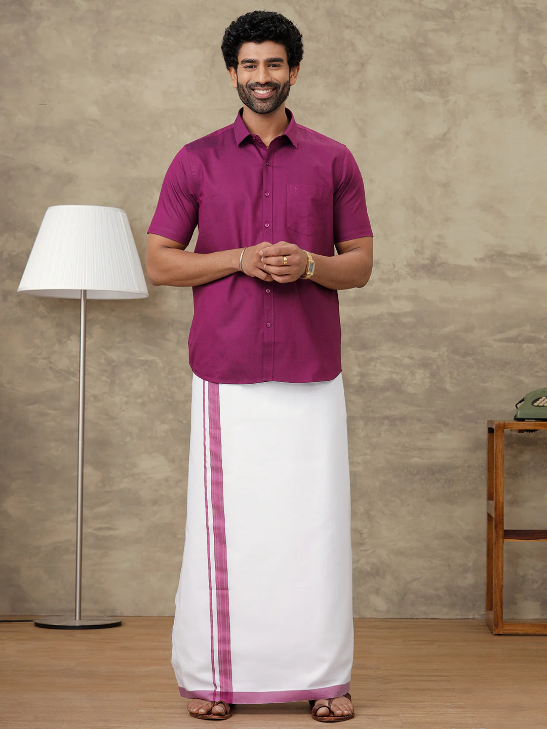 Men Dark Raspberry Shirt With Matching Border Dhoti Set Evolution - Image 2