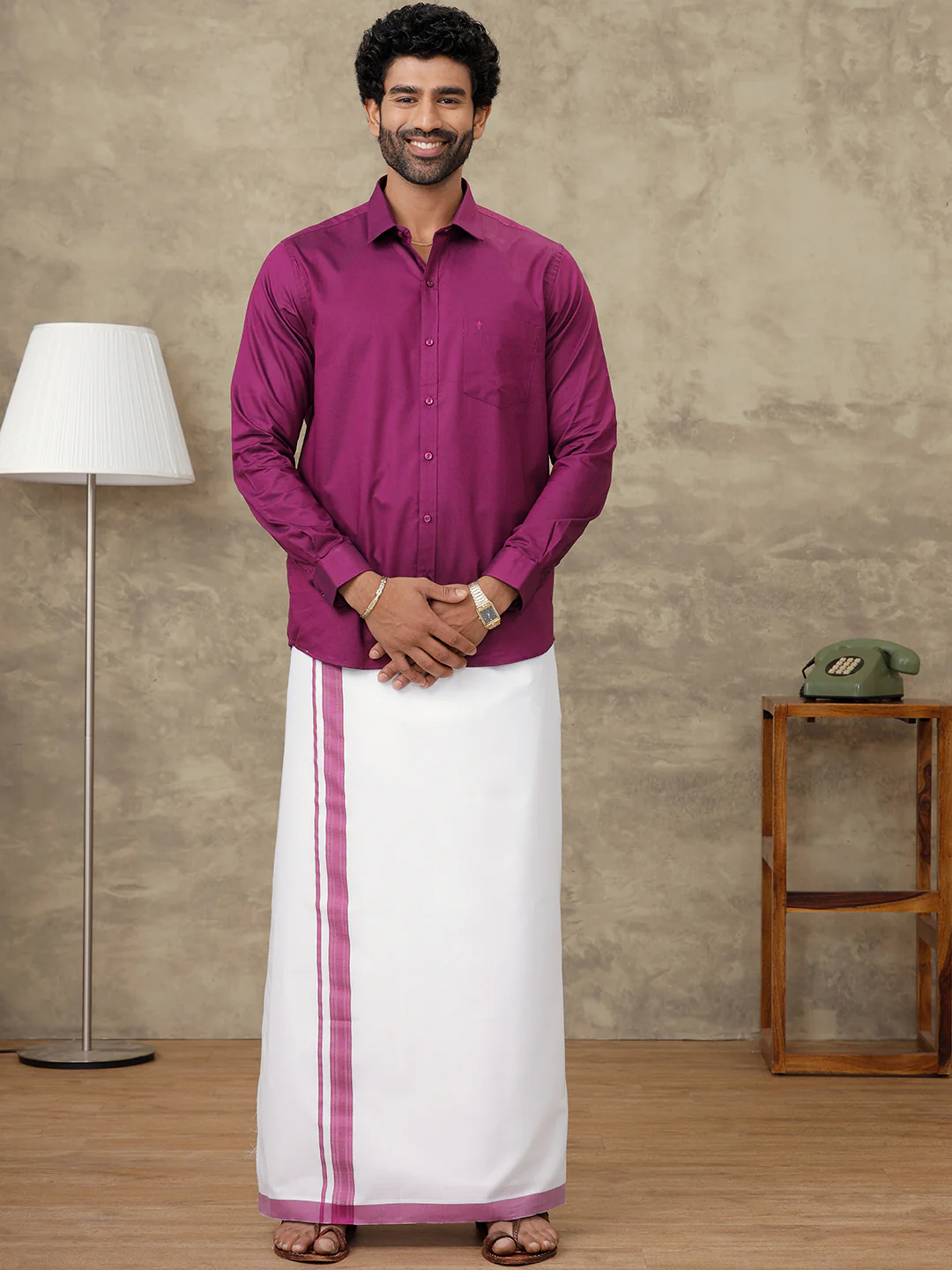Men Dark Raspberry Shirt With Matching Border Dhoti Set Evolution - Image 3