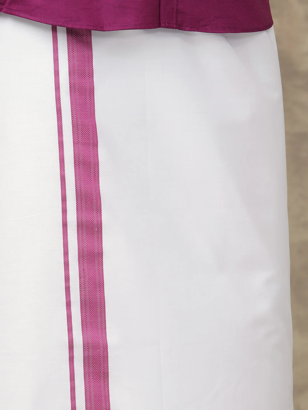 Men Dark Raspberry Shirt With Matching Border Dhoti Set Evolution - Image 5