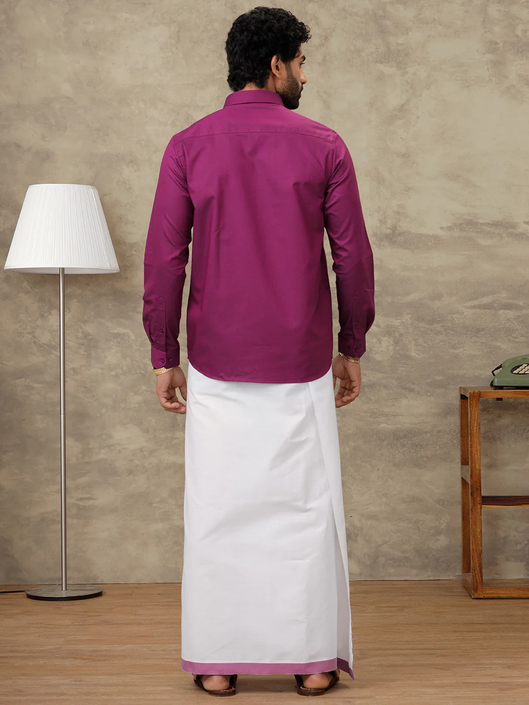 Men Dark Raspberry Shirt With Matching Border Dhoti Set Evolution - Image 6