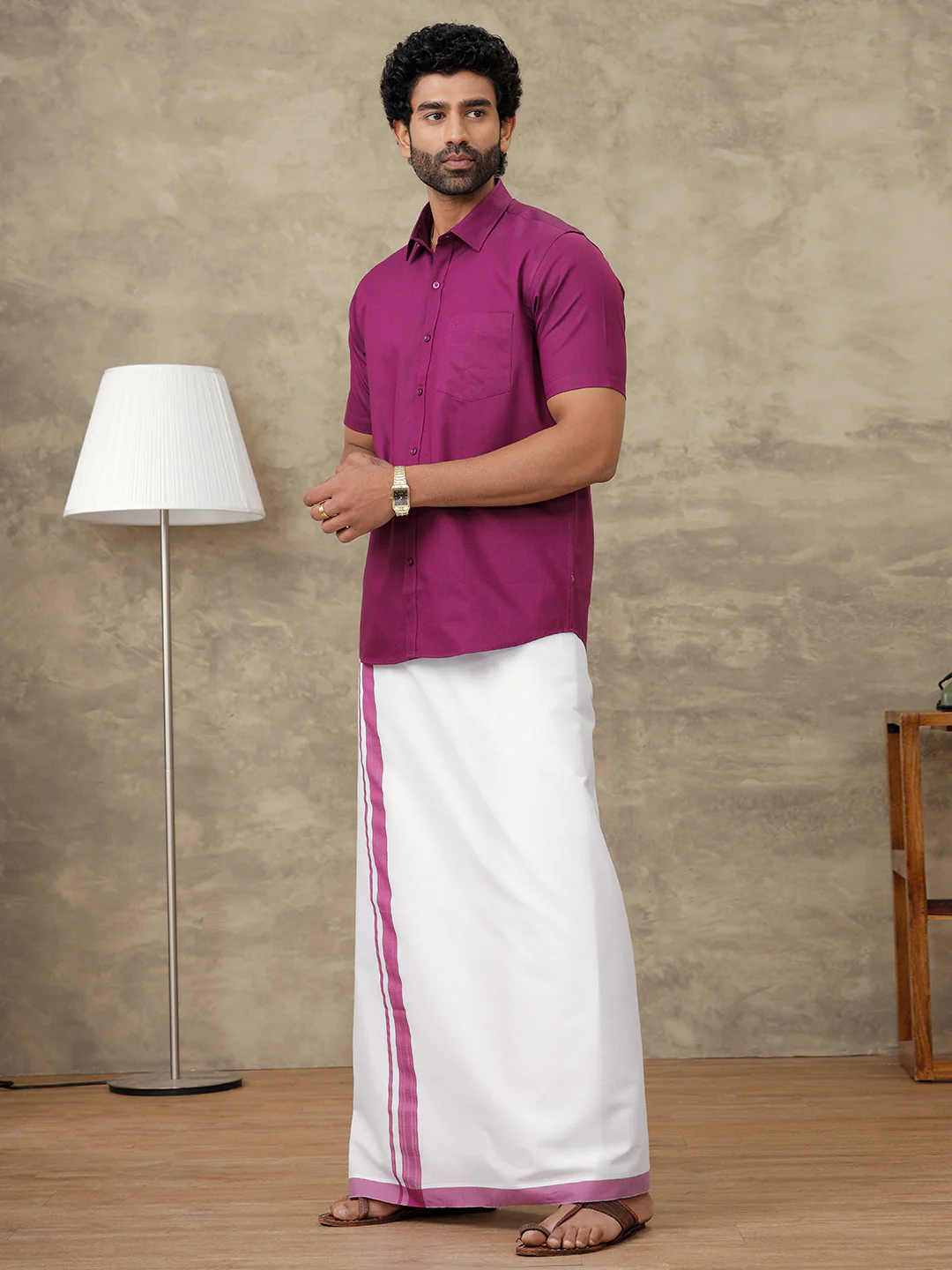 Men Dark Raspberry Shirt With Matching Border Dhoti Set Evolution - Image 7