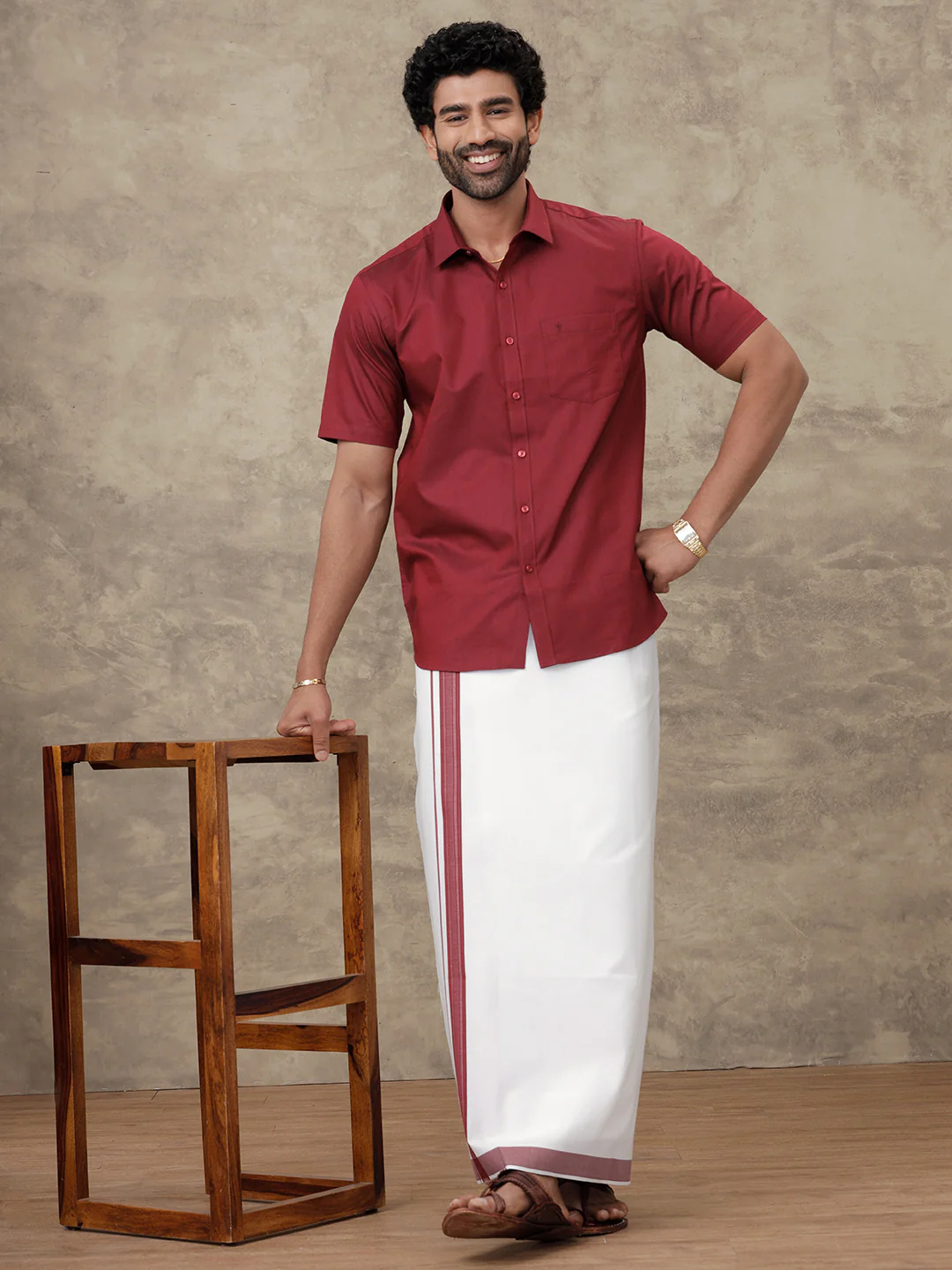 Men Dark Red Colour Shirt With Matching Border Dhoti Set Evolution - Image 2