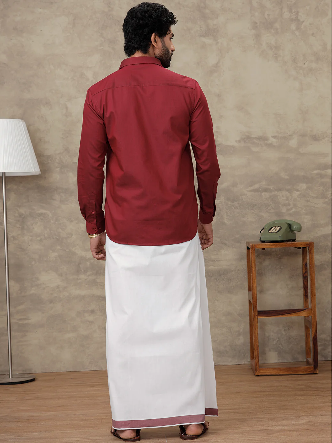Men Dark Red Colour Shirt With Matching Border Dhoti Set Evolution - Image 5