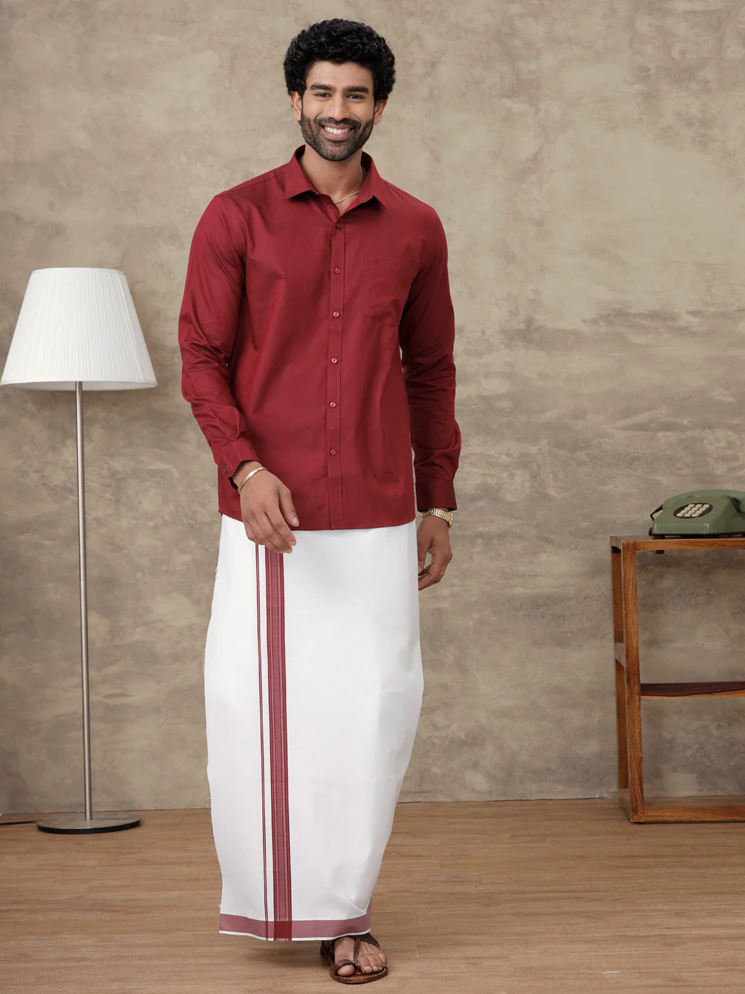 Men Dark Red Colour Shirt With Matching Border Dhoti Set Evolution - Image 6