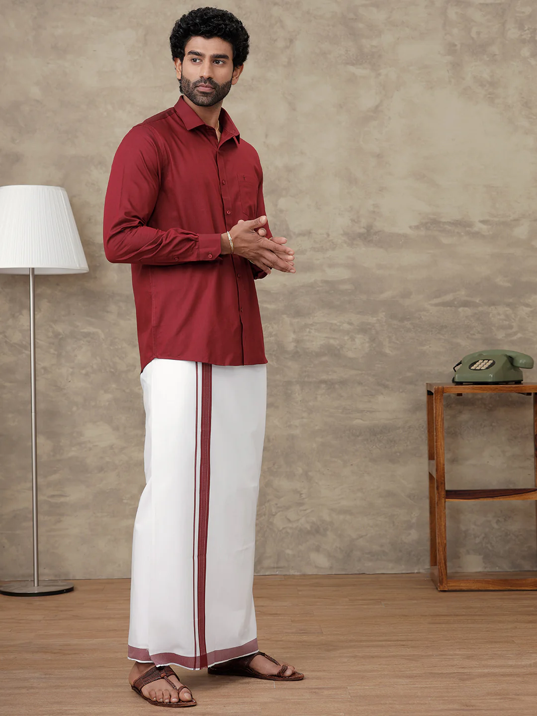 Men Dark Red Colour Shirt With Matching Border Dhoti Set Evolution - Image 7