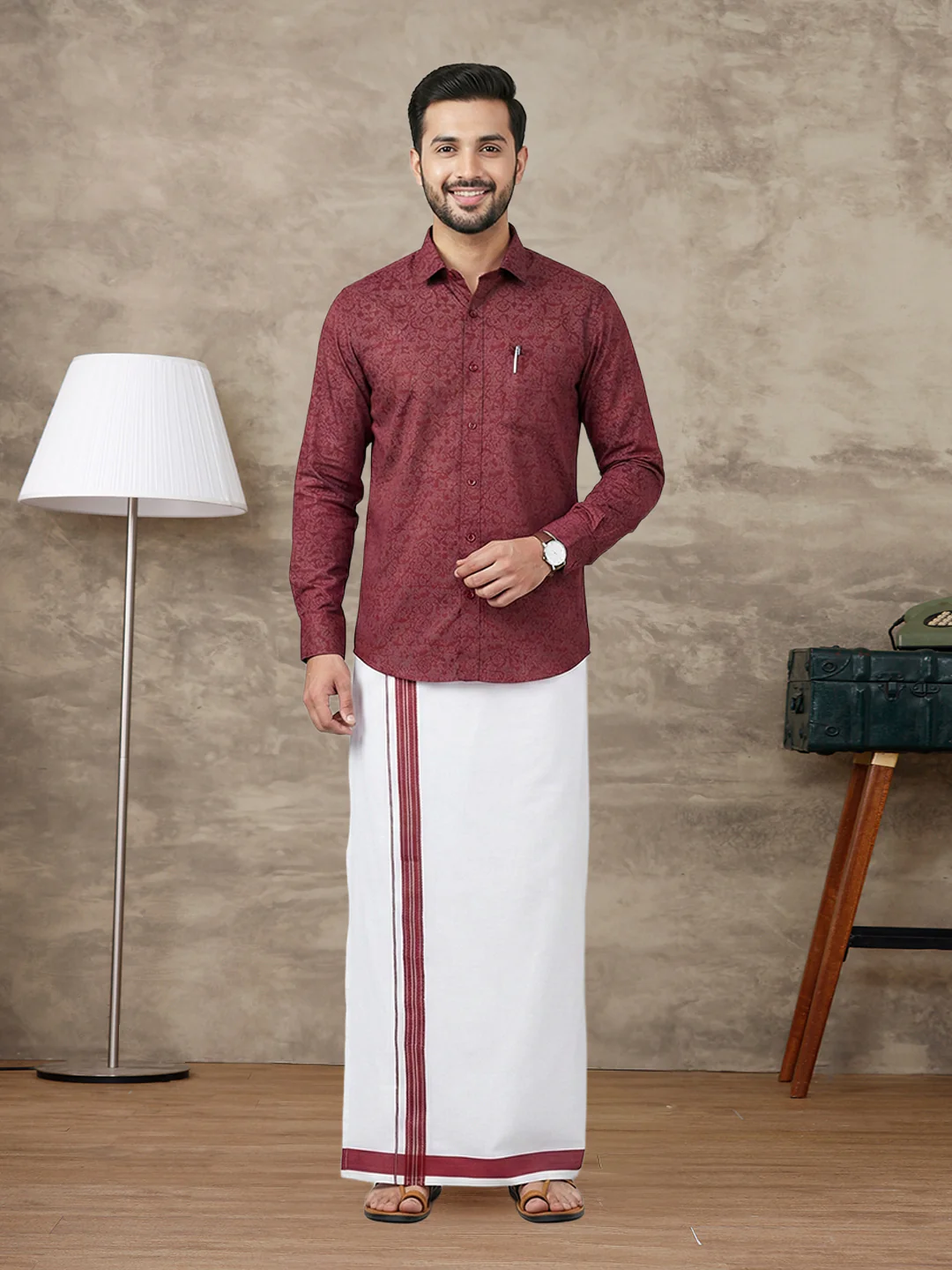 Men Deep Red Matching Border Dhoti With Printed Shirt Set Fusion PS22 - Image 3