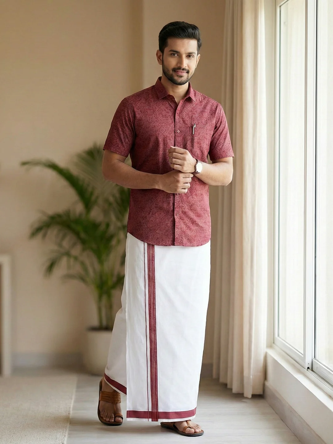 Men Deep Red Matching Border Dhoti With Printed Shirt Set Fusion PS22 - Image 4