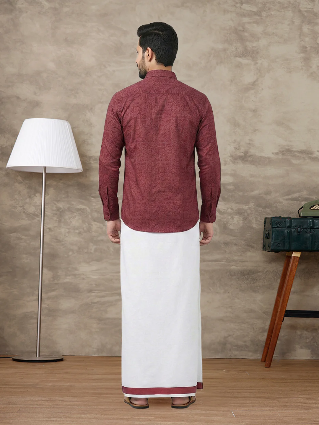 Men Deep Red Matching Border Dhoti With Printed Shirt Set Fusion PS22 - Image 5