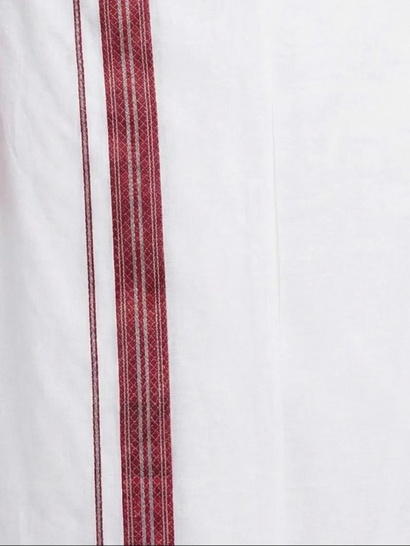 Men Deep Red Matching Border Dhoti With Printed Shirt Set Fusion PS22 - Image 6