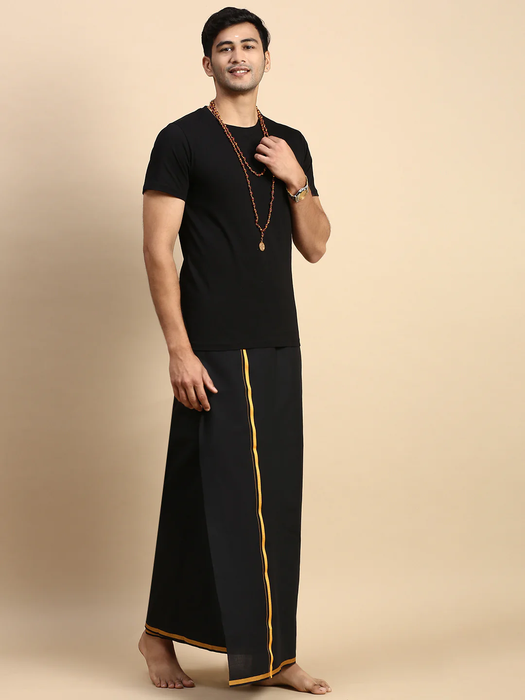 Men Devotional Big Border Dhoti & TShirt Set Black ET14 - Image 2