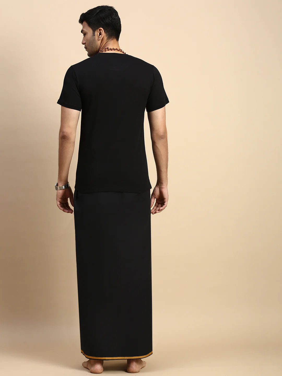 Men Devotional Big Border Dhoti & TShirt Set Black ET14 - Image 3