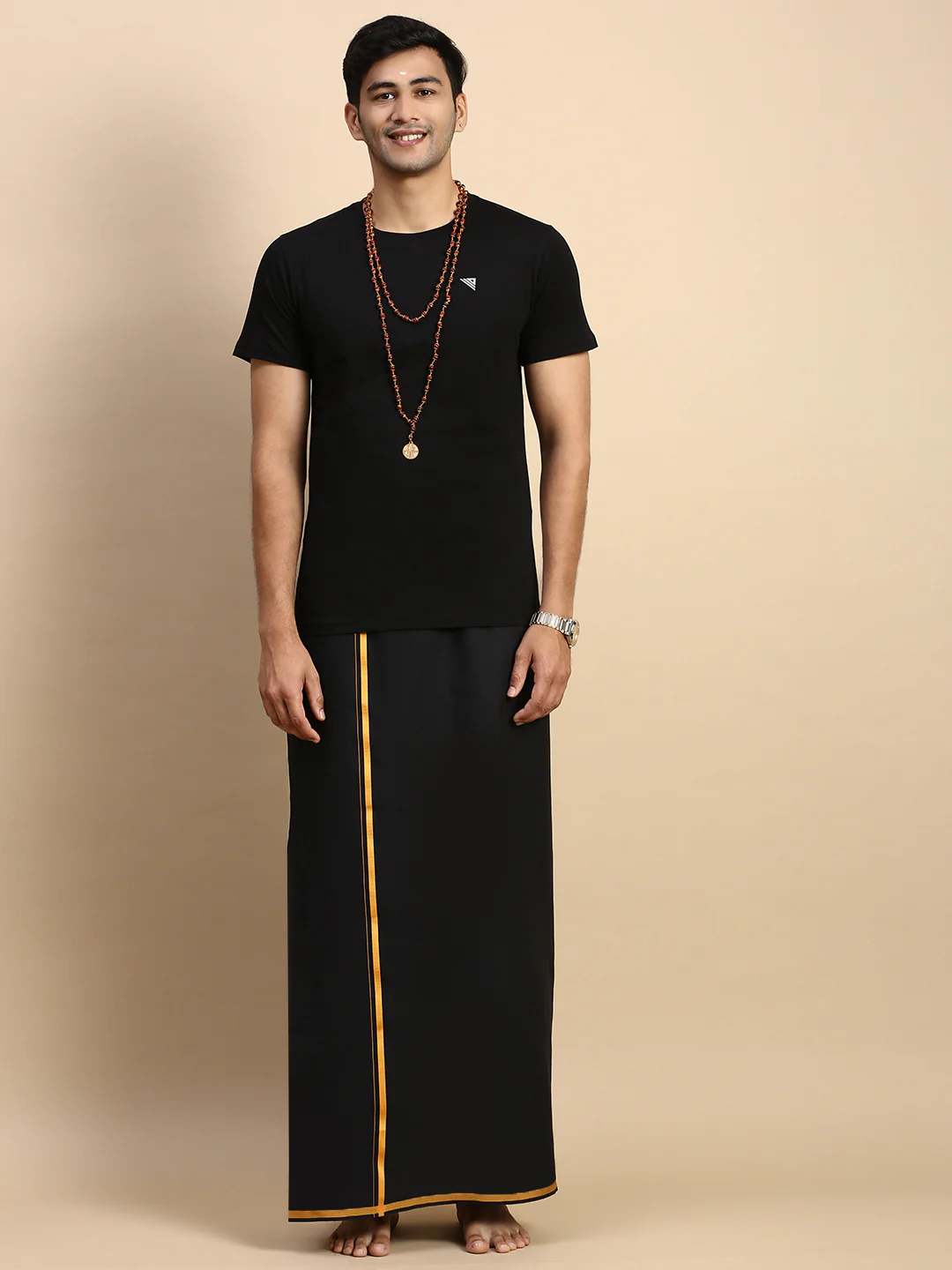 Men Devotional Big Border Dhoti & TShirt Set Black ET14 - Image 4