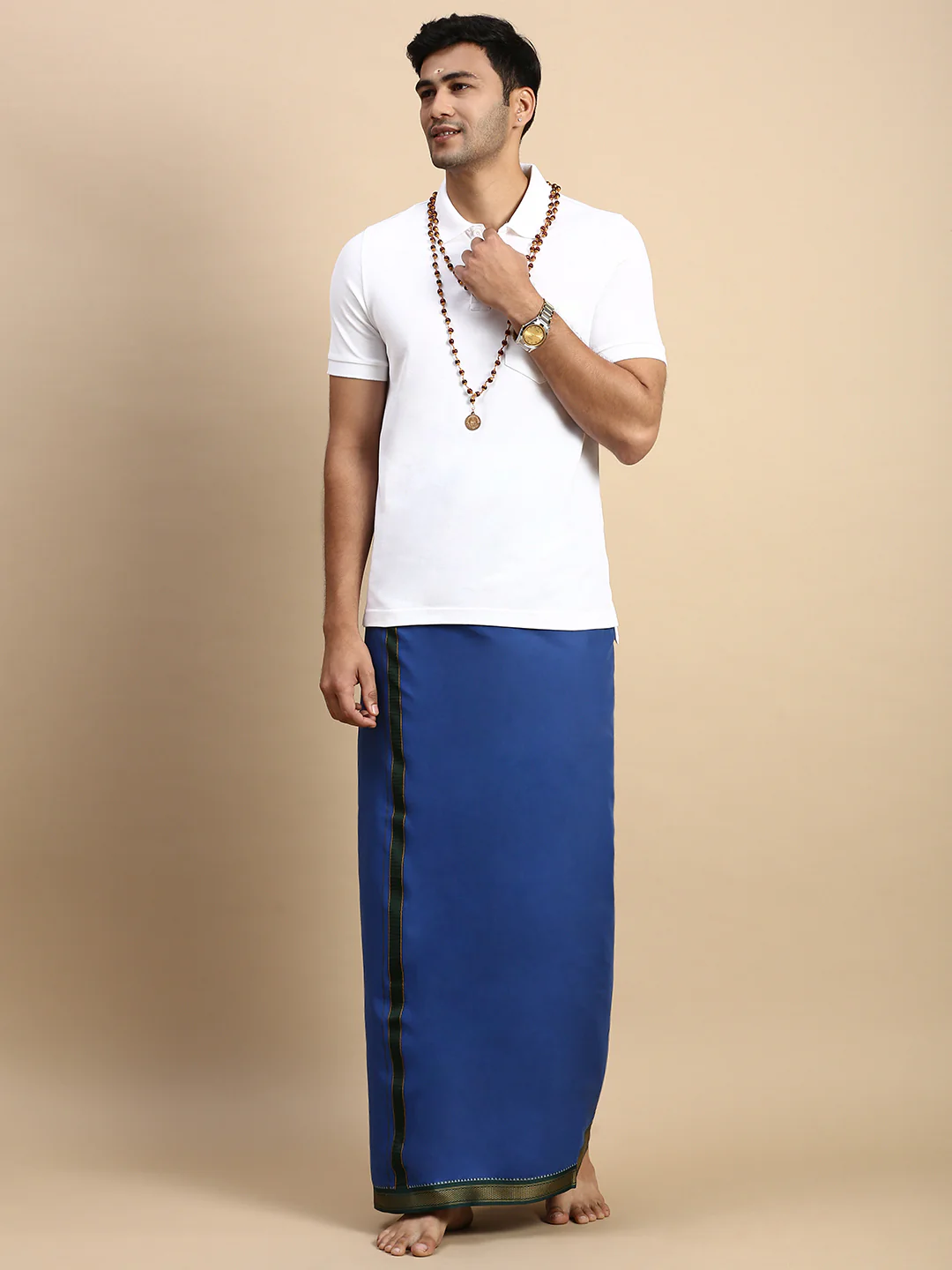 Men Devotional Mayilkhan Border Dhoti & TShirt Set Blue EP1 - Image 2