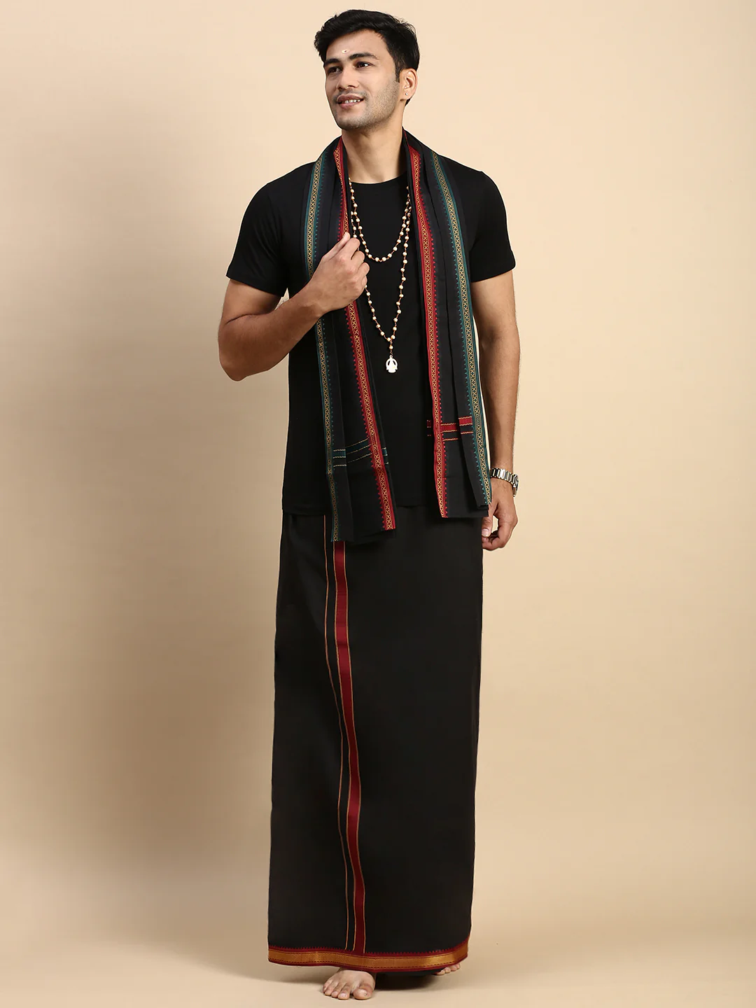 Men Devotional Mayilkhan Border Dhoti with Towel & TShirt Set Black ET14 - Image 2