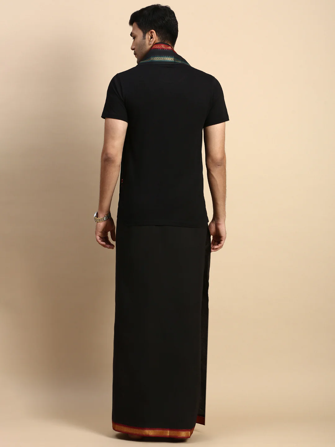 Men Devotional Mayilkhan Border Dhoti with Towel & TShirt Set Black ET14 - Image 3