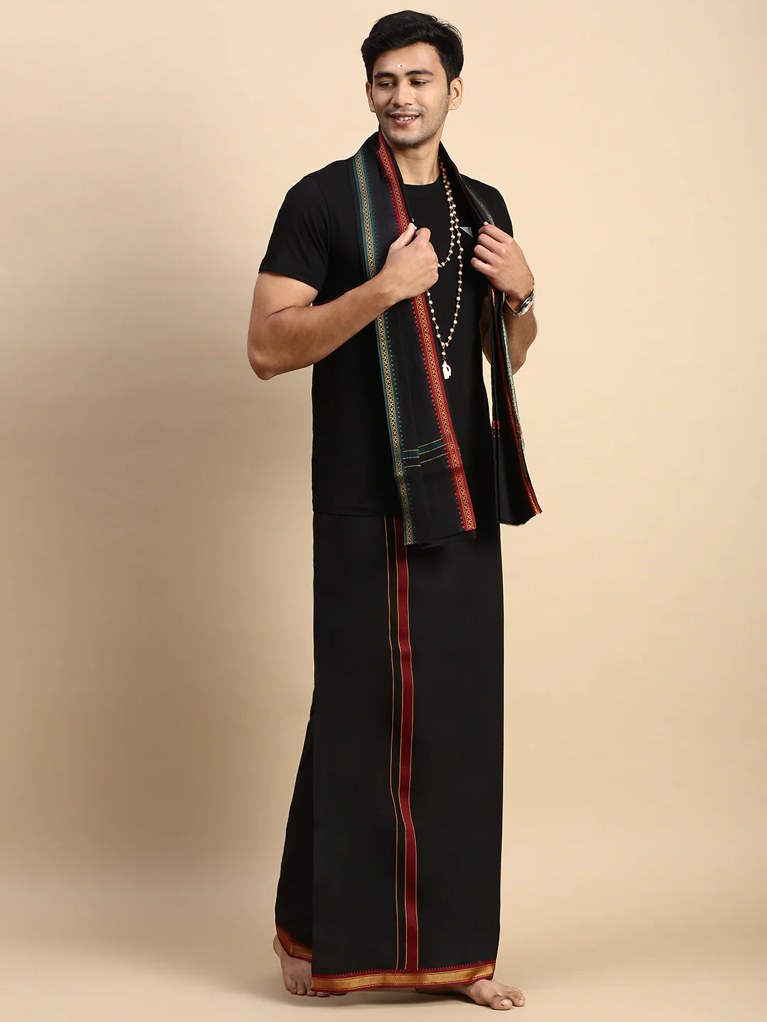 Men Devotional Mayilkhan Border Dhoti with Towel & TShirt Set Black ET14 - Image 4