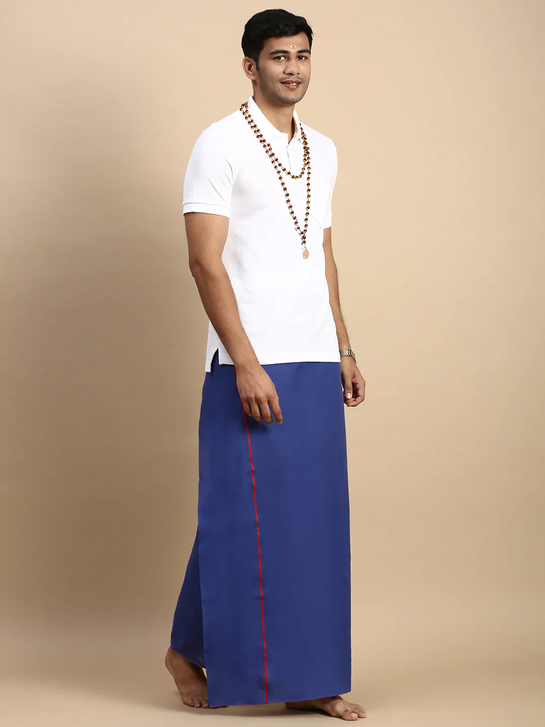 Men Devotional Small Border Dhoti & TShirt Set Blue EP1 - Image 2