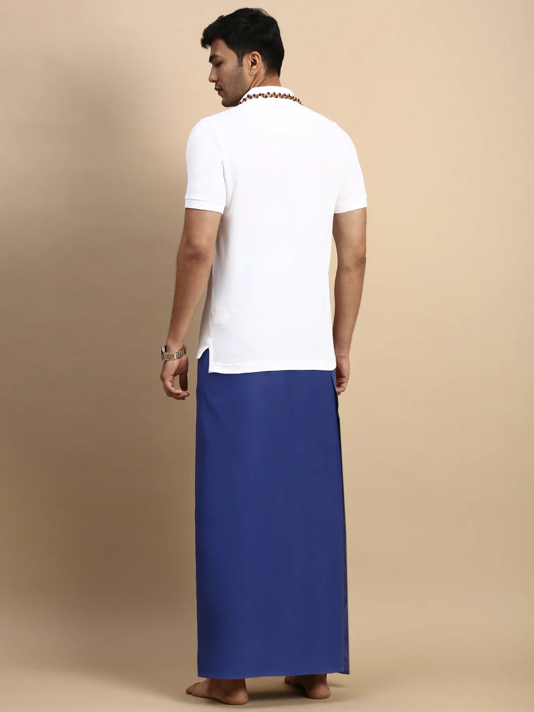 Men Devotional Small Border Dhoti & TShirt Set Blue EP1 - Image 3