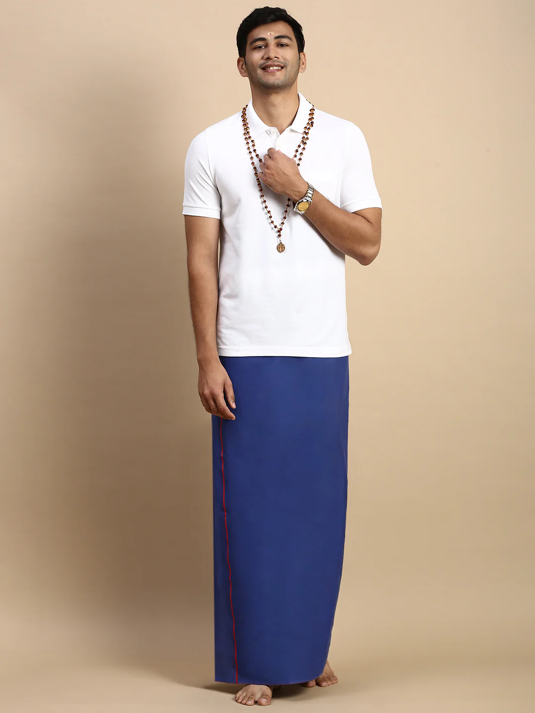Men Devotional Small Border Dhoti & TShirt Set Blue EP1 - Image 4