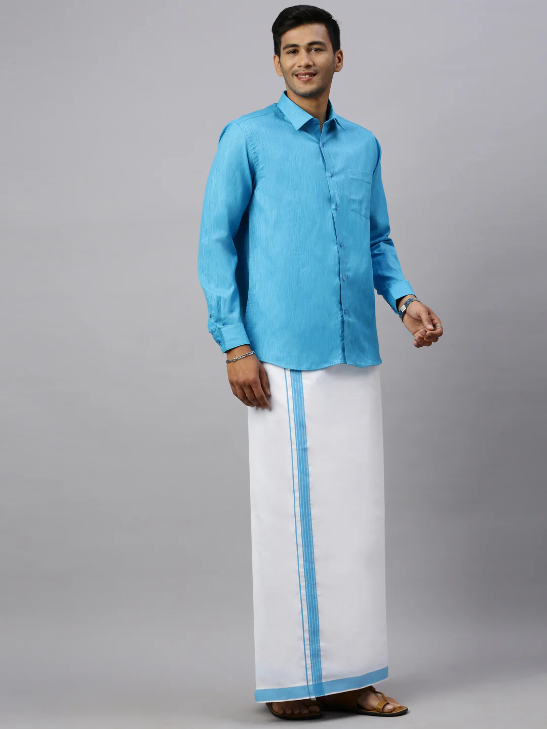 Men Eastern Blue Matching Border Dhoti & Full Sleeves Shirt Set CV5 - Image 2