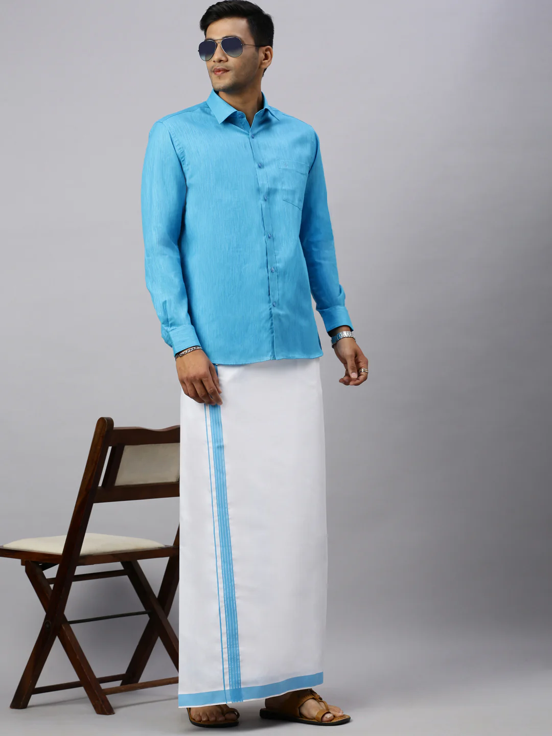 Men Eastern Blue Matching Border Dhoti & Full Sleeves Shirt Set CV5 - Image 3