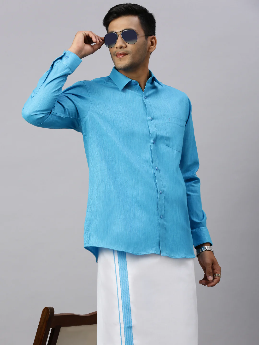 Men Eastern Blue Matching Border Dhoti & Full Sleeves Shirt Set CV5 - Image 4