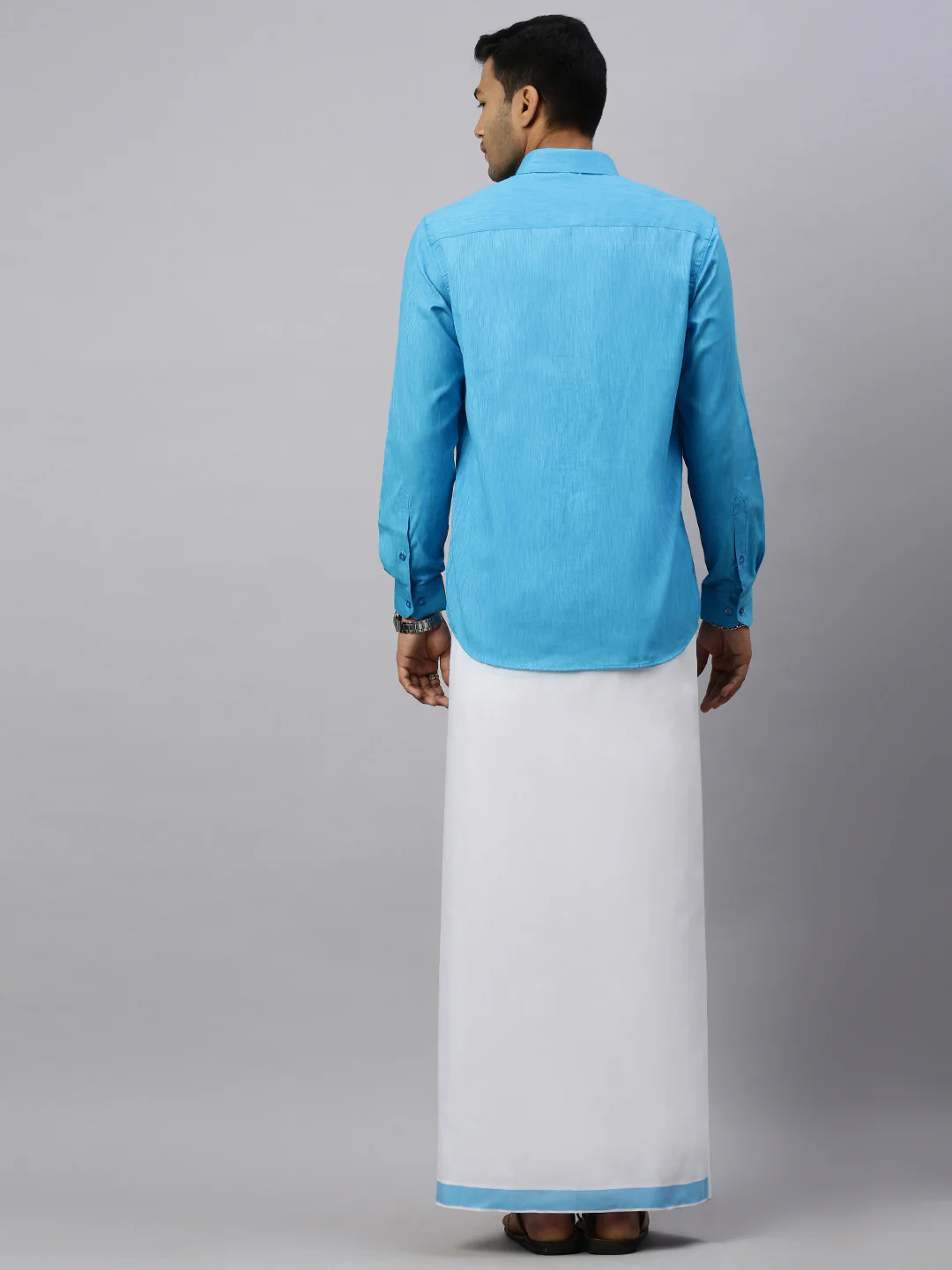 Men Eastern Blue Matching Border Dhoti & Full Sleeves Shirt Set CV5 - Image 5