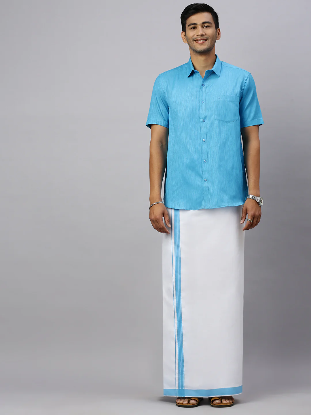 Men Eastern Blue Matching Border Dhoti & Half Sleeves Shirt Set CV5