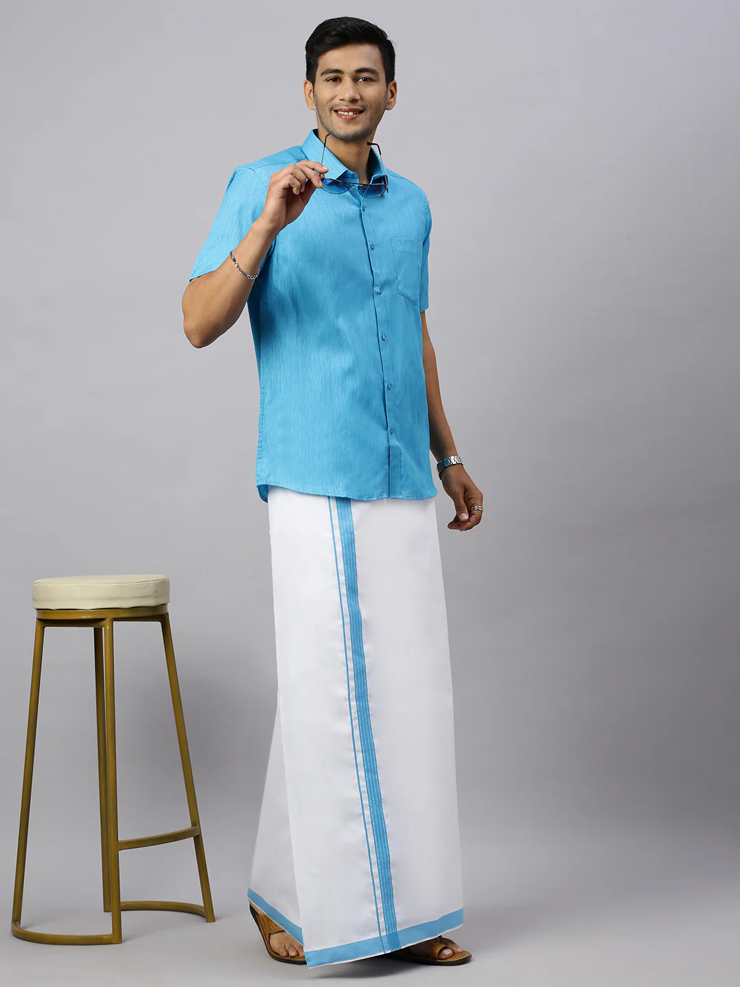 Men Eastern Blue Matching Border Dhoti & Half Sleeves Shirt Set CV5 - Image 2