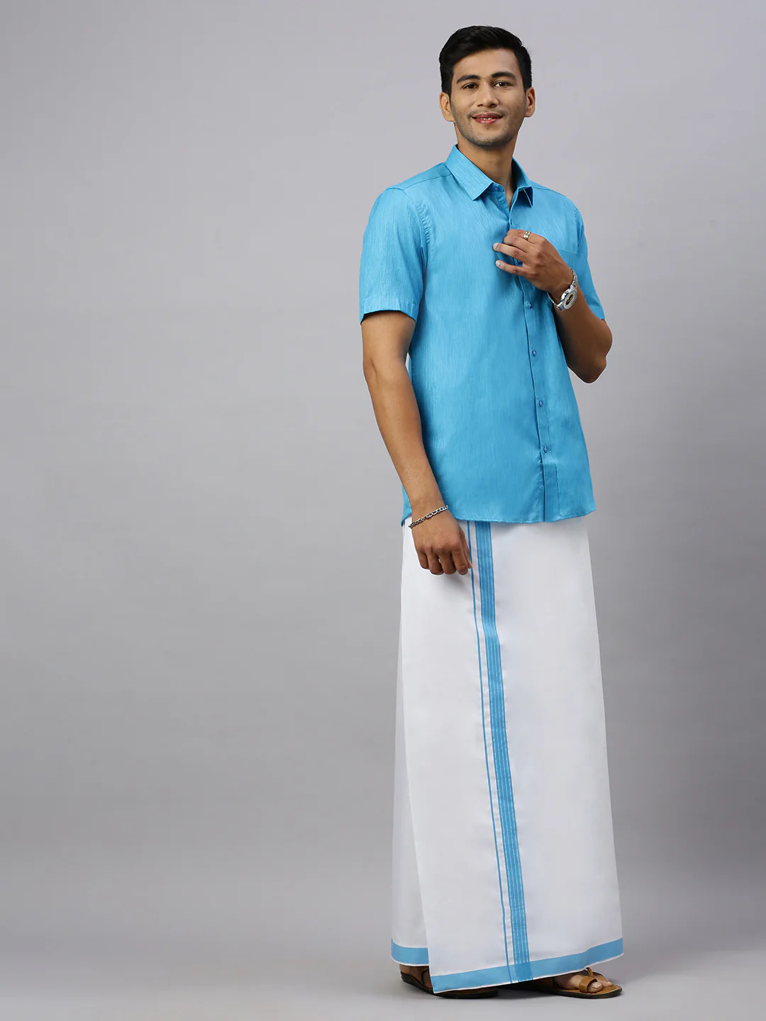 Men Eastern Blue Matching Border Dhoti & Half Sleeves Shirt Set CV5 - Image 3