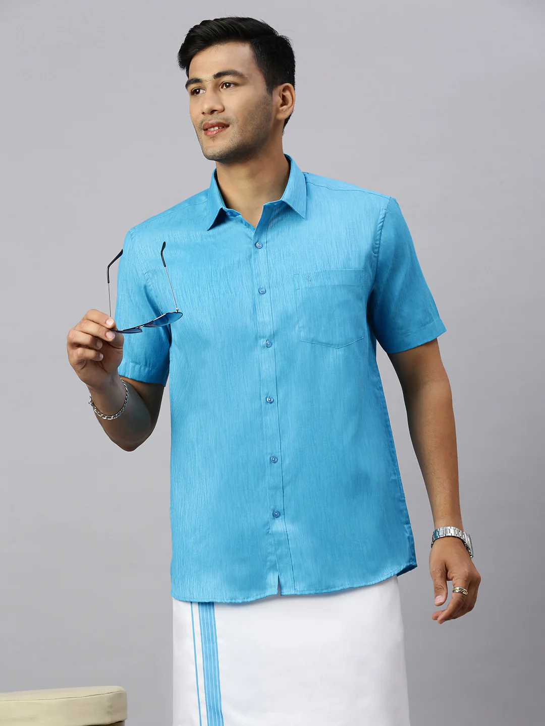 Men Eastern Blue Matching Border Dhoti & Half Sleeves Shirt Set CV5 - Image 4