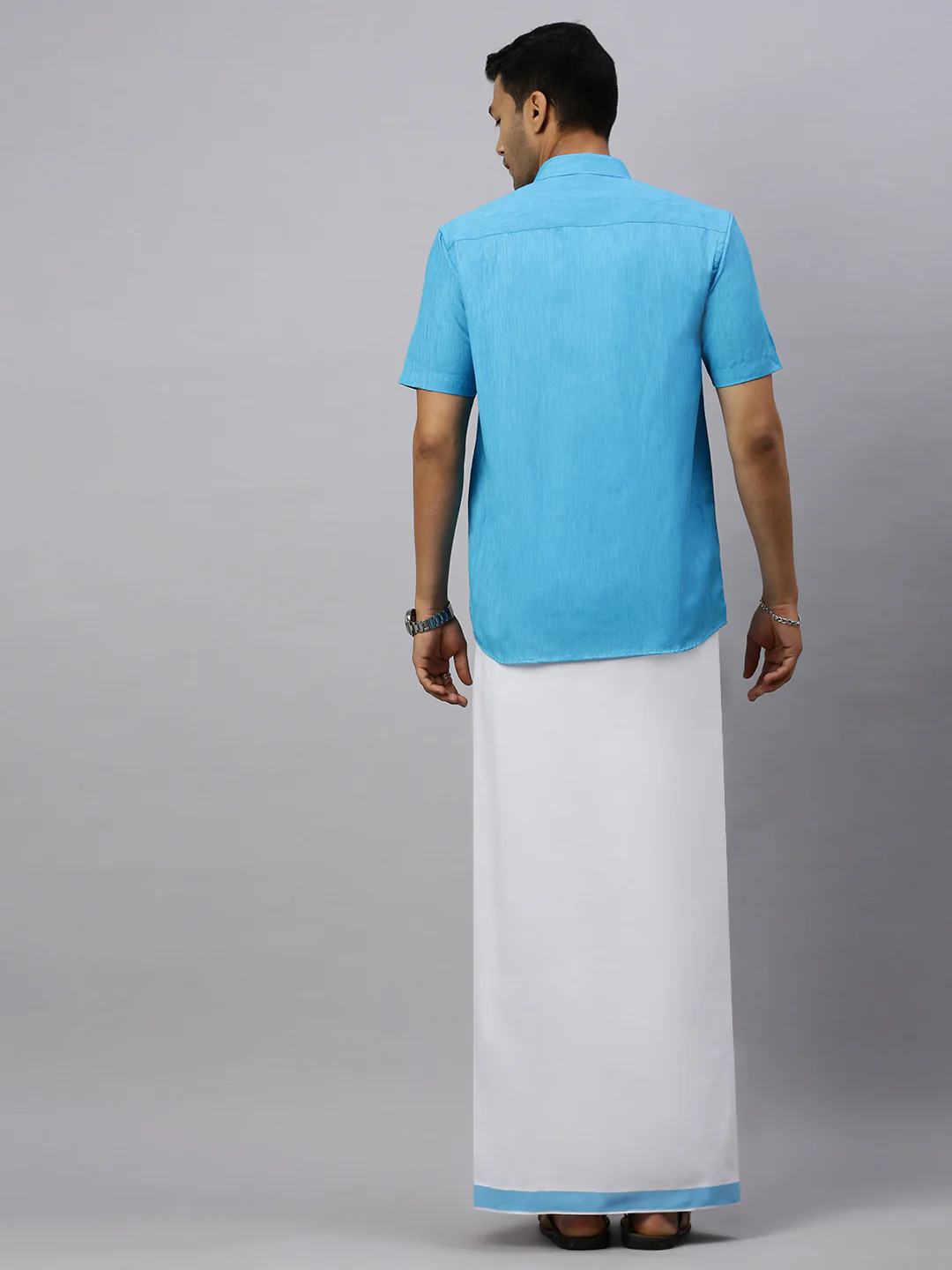 Men Eastern Blue Matching Border Dhoti & Half Sleeves Shirt Set CV5 - Image 5
