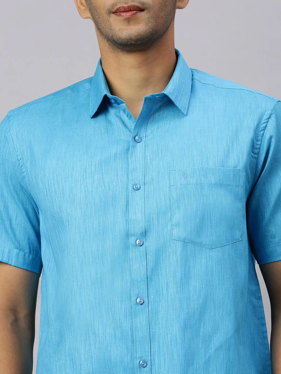 Men Eastern Blue Matching Border Dhoti & Half Sleeves Shirt Set CV5 - Image 6