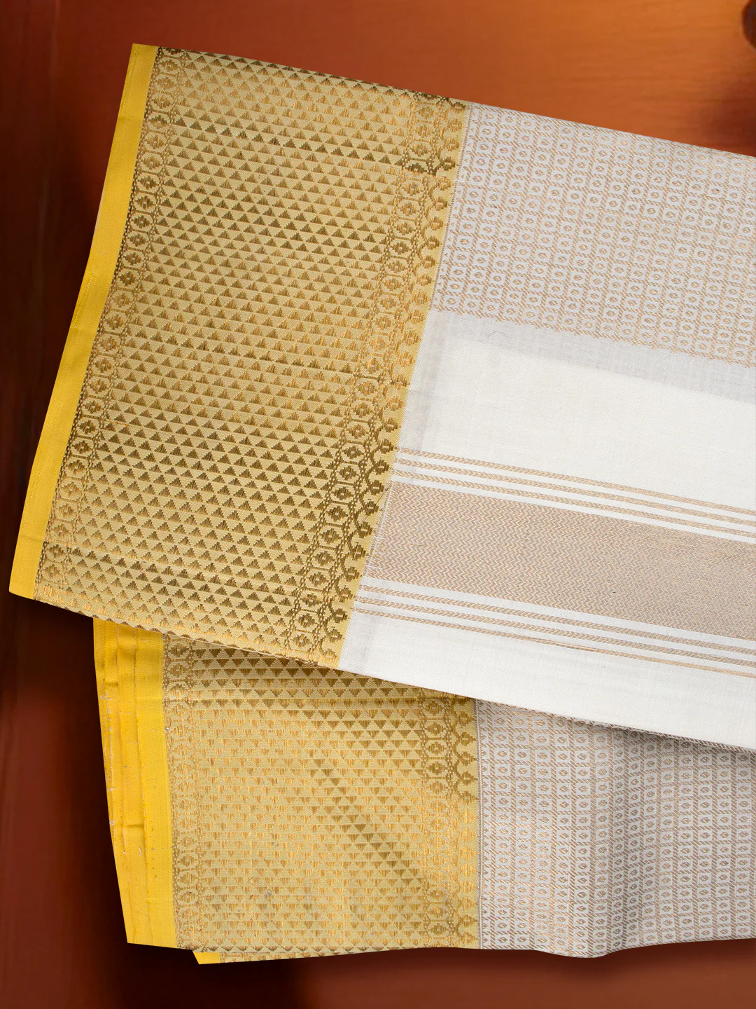 Men Elegant OffWhite Pure Silk Dhoti & Towel Set with 6" inch Gold Jari Border Amirtham AM20 - Image 3
