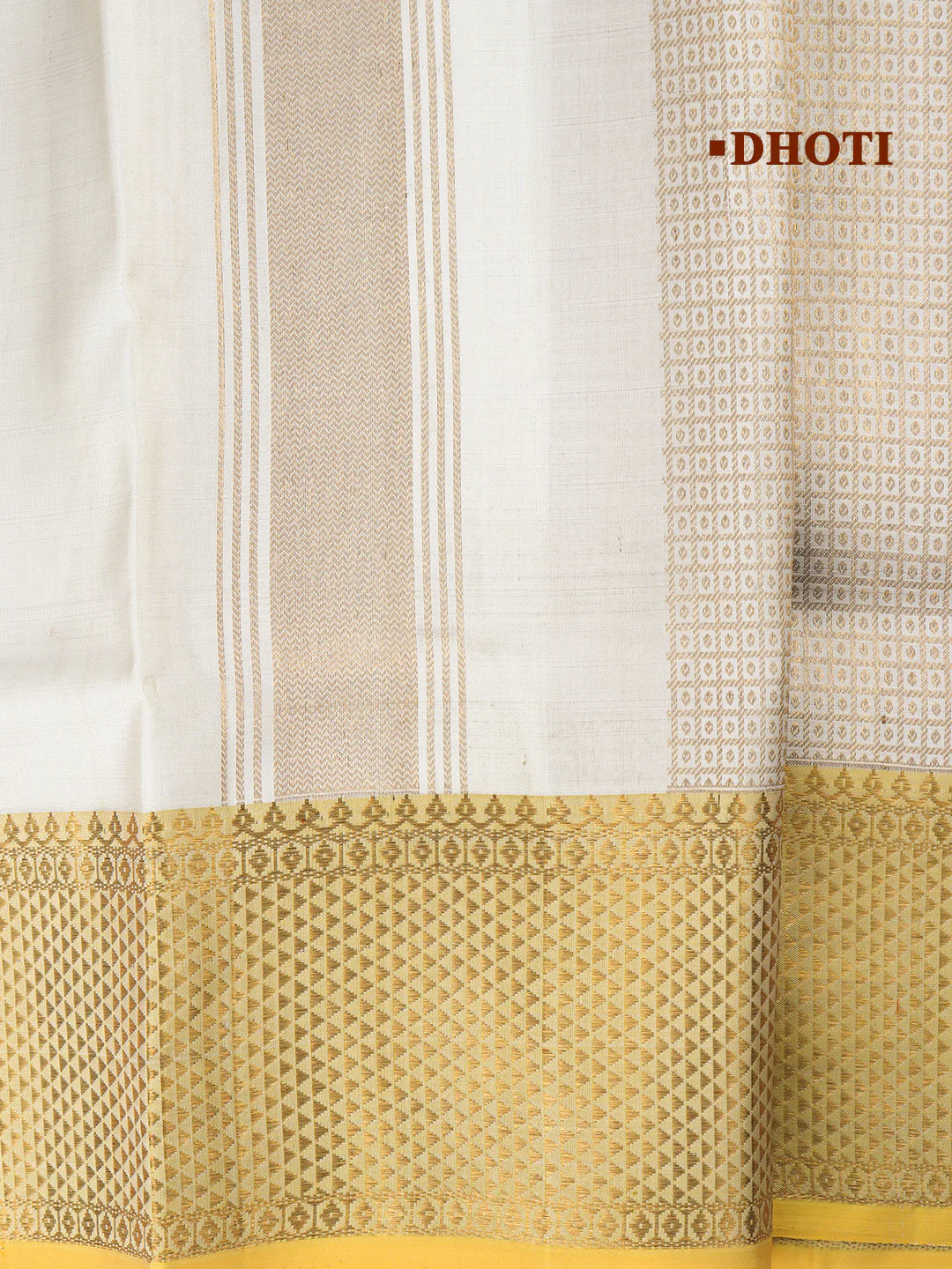 Men Elegant OffWhite Pure Silk Dhoti & Towel Set with 6" inch Gold Jari Border Amirtham AM20 - Image 4