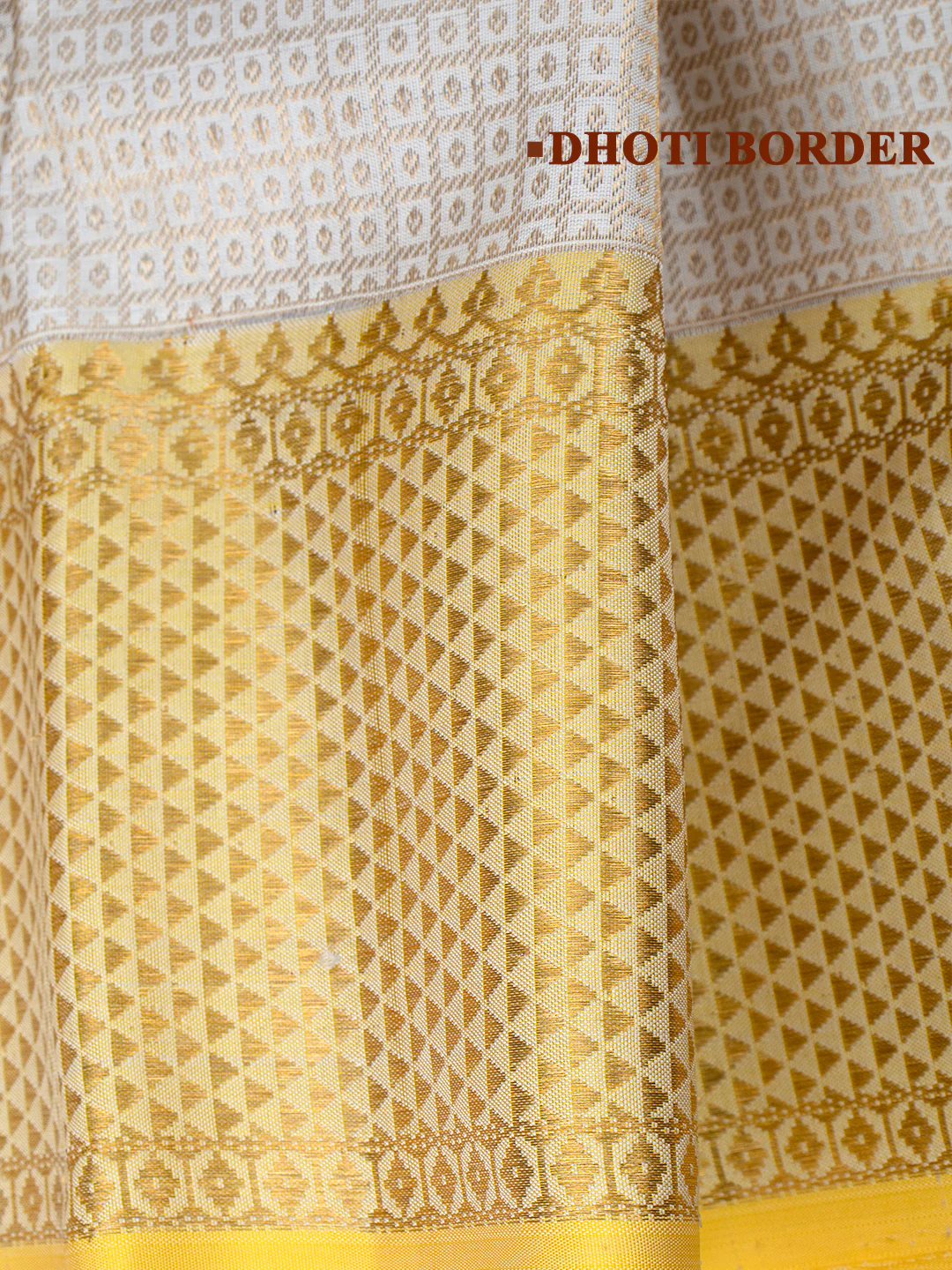 Men Elegant OffWhite Pure Silk Dhoti & Towel Set with 6" inch Gold Jari Border Amirtham AM20 - Image 6