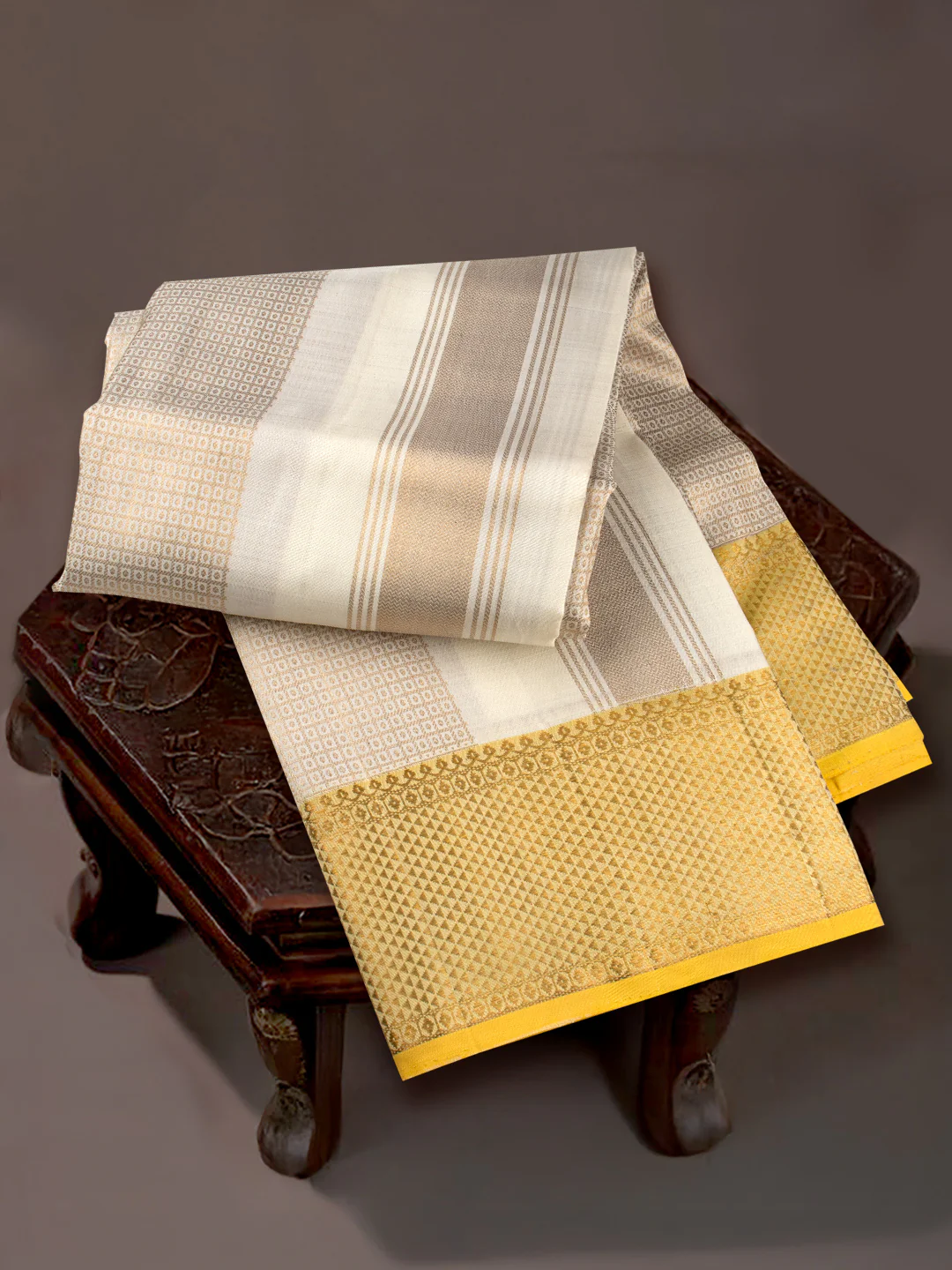 Men Elegant OffWhite Pure Silk Dhoti & Towel Set with 6" inch Gold Jari Border Amirtham AM20 - Image 7