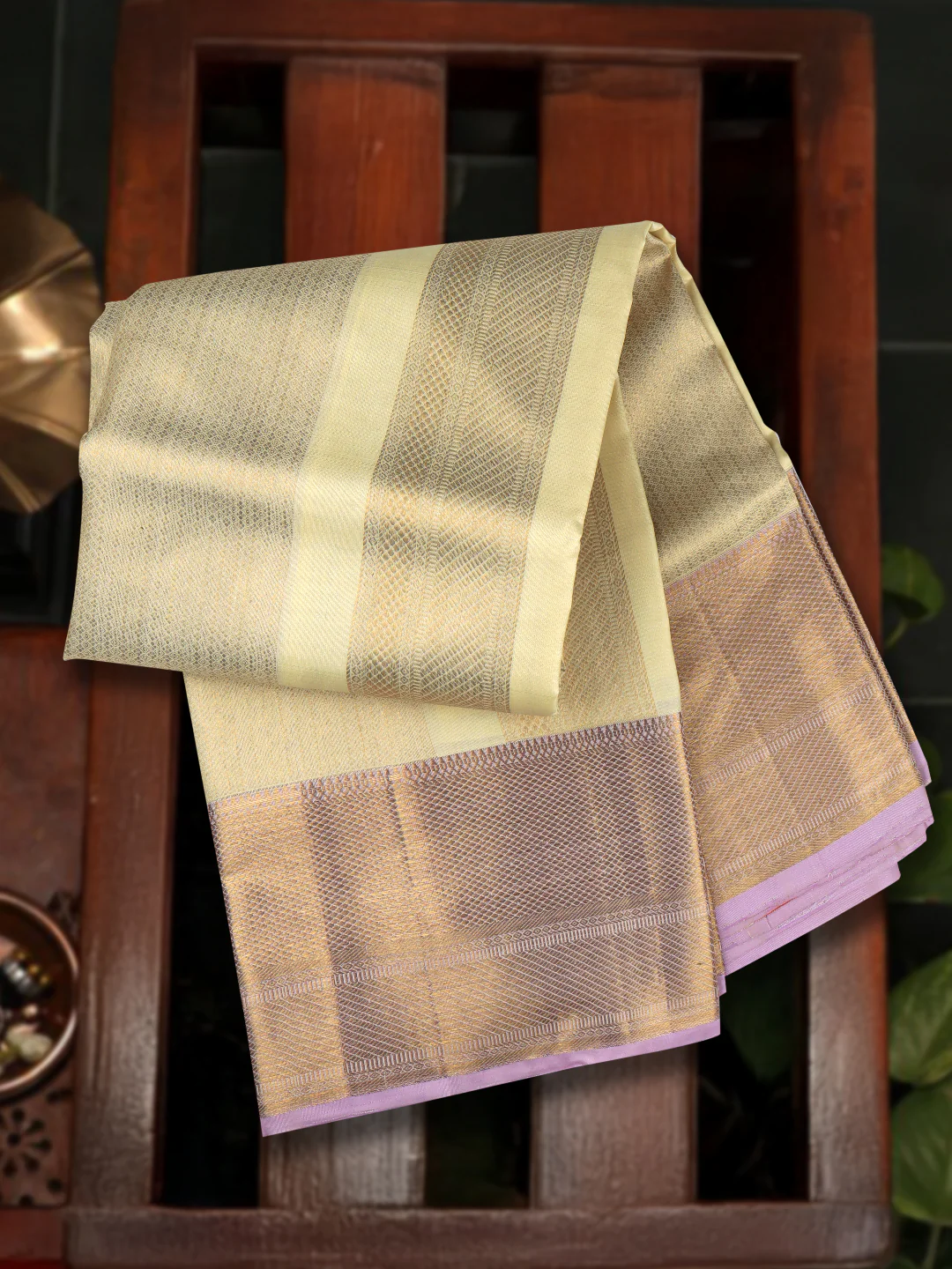 Men Elegant Premium Pure Silk Cream Dhoti & Towel Set with 6" inch Gold Jari Border Amirtham AM12 - Image 3